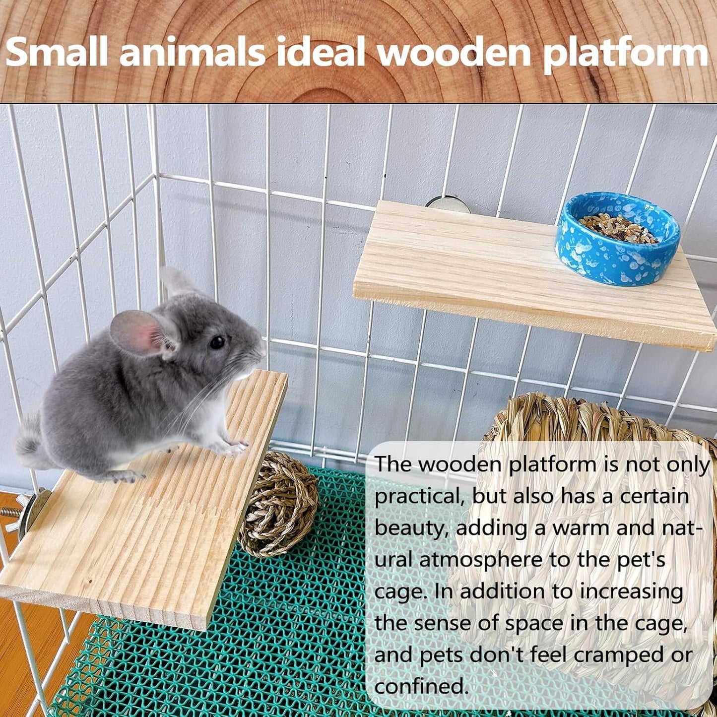 Hamster Wooden Ledge Platform 2Pcs Small Animals Natural Wood Stand Platform Chew Toys Cage Accessories for Squirrel Gerbil Suger Glider Rat Hamsters Bird