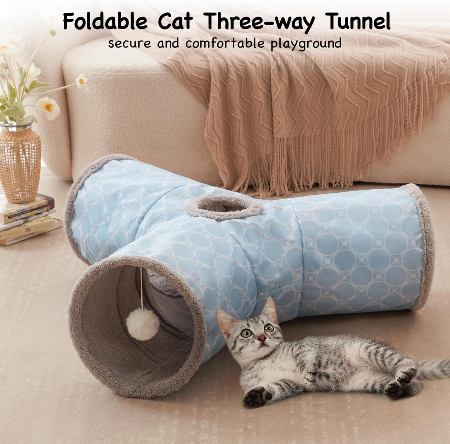 Tempcore Pet Cat Tunnel Tube Toys 3 Way Collapsible, Cat Tunnels for Indoor Cats Fleece-Lined in for Warmth，Kitty Tunnel Bored Cat Pet Toys Peek Hole Toy Ball Cat, Puppy, Kitten, Geometry Blue