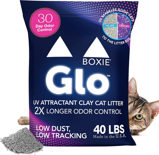 Boxie® Glo™ 30 Day Odor Control Clumping Clay Cat Litter, 40 lb, Multi-Cat, 99.9% Dust-Free, Low Tracking, UV Light Attractant, Superior Clumping for Easy Scooping