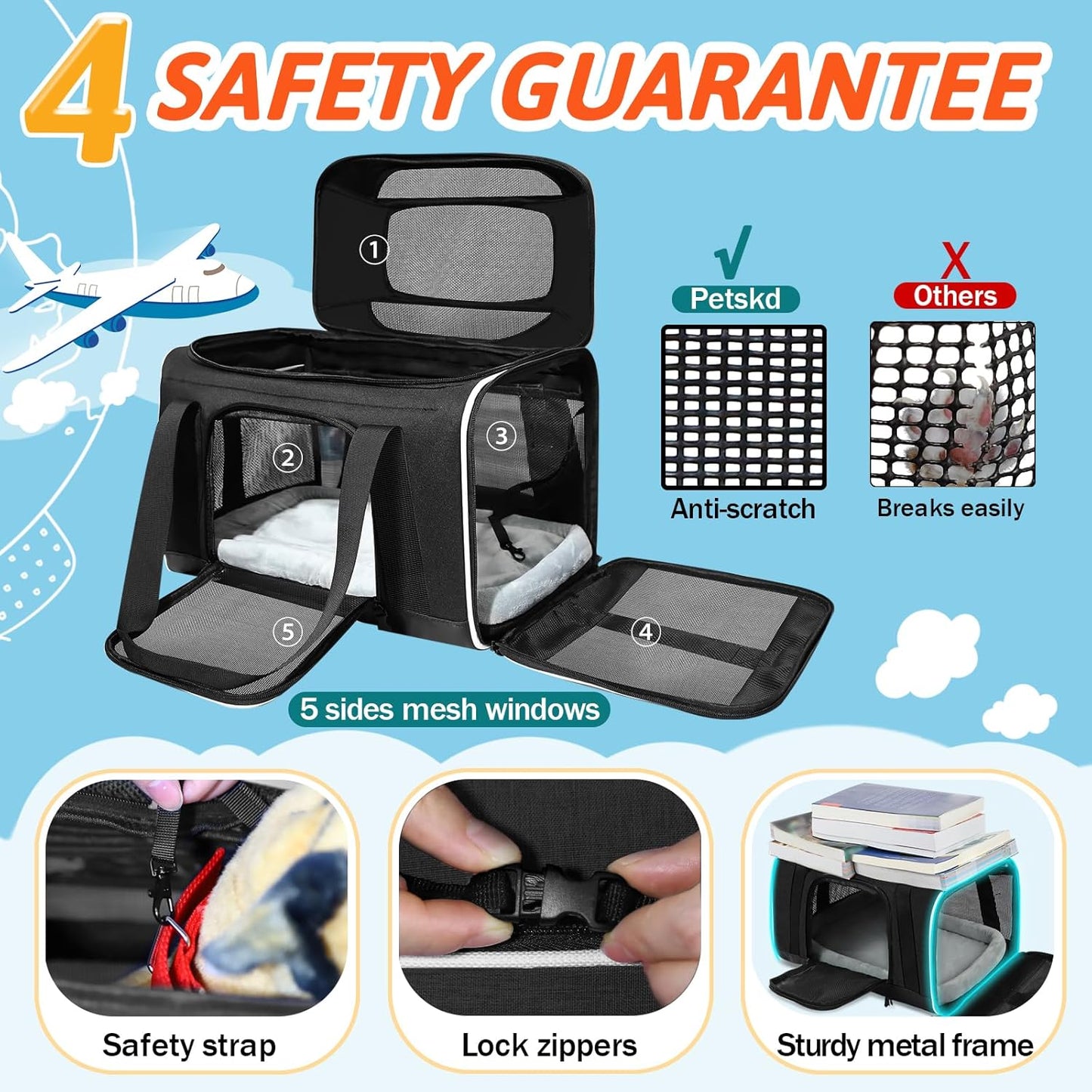 Petskd Top-Expandable Pet Carrier with Wheels 18x11x11 Inches Delta American United Airline Approved, Soft-Sided Carrier for Small Cats Dogs with Locking Safety Zippers and Anti-Scratch Mesh(Black)