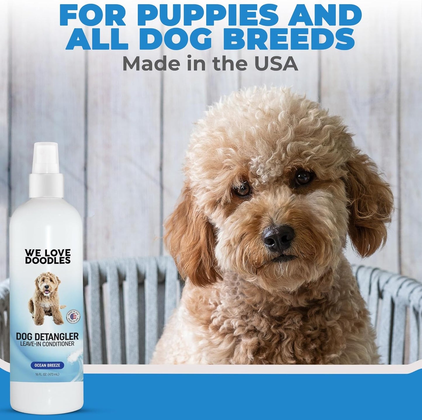 We Love Doodles Dog Detangler Spray - Leave-in Conditioner for Dogs - Dog Detangling Spray - Dematting Spray for Dogs - Tangle Remover - Made in The USA - Large 16 fl oz (Ocean Breeze)
