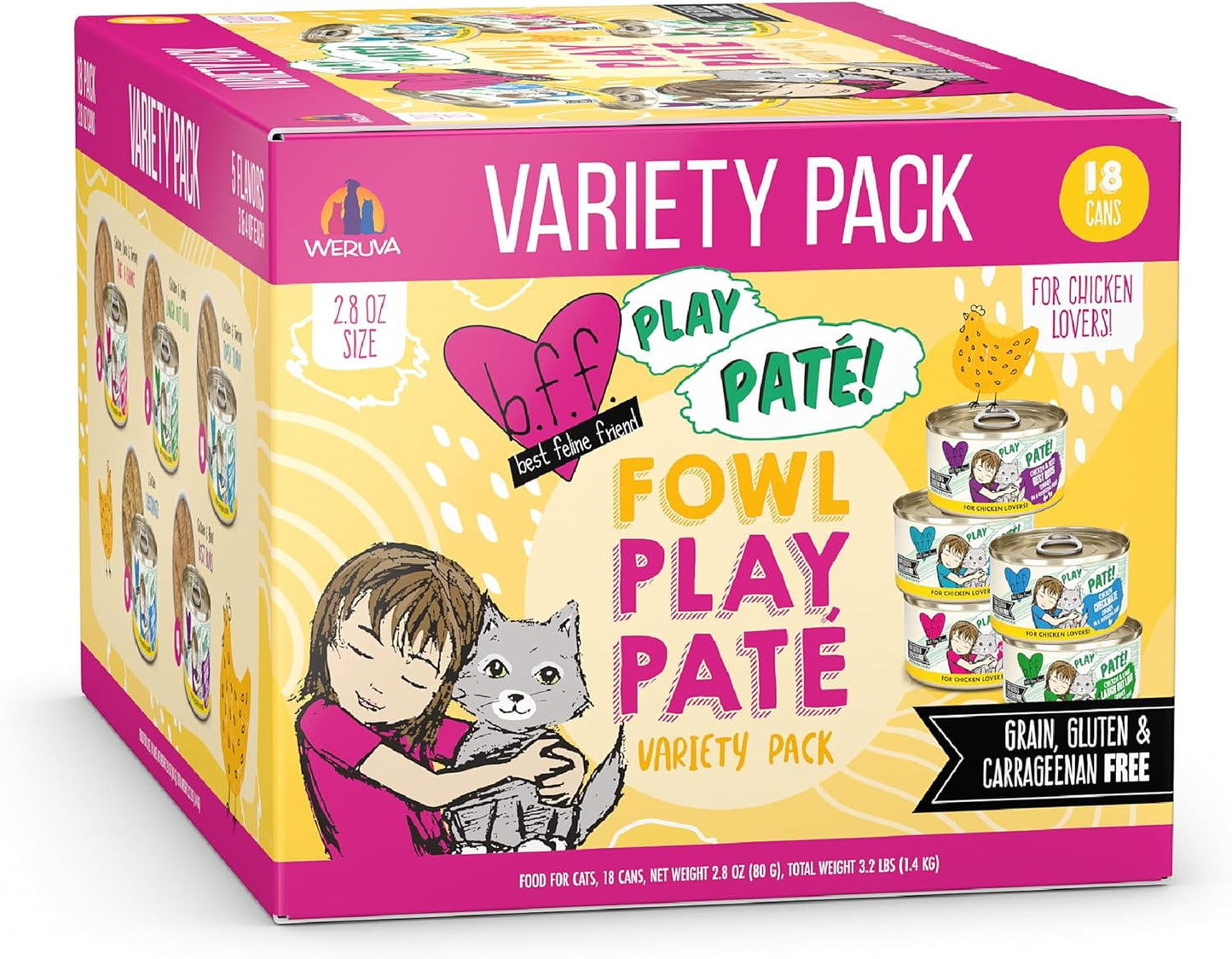 Weruva B.F.F. Play - Best Feline Friend Paté Lovers, Aw Yeah!, Fowl Play Yellow Patés Variety Pack, 2.8oz Can (Pack of 18)