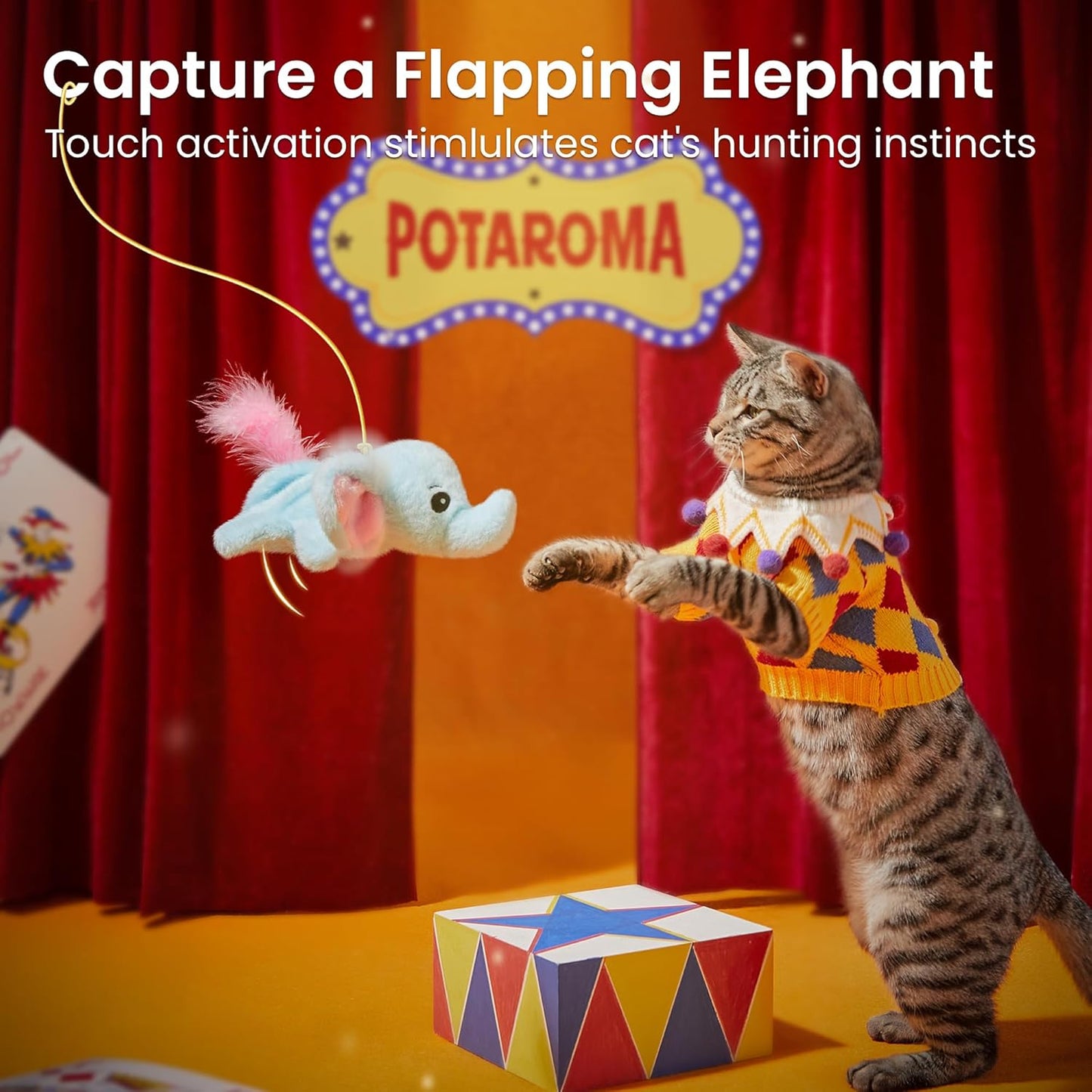 Potaroma Cat Toys Flapping Elephant, Interactive Realistic Kitten Toy Stuffed with Catnip and Crinkle Paper Hangable Design for Bored Indoor Cats 6.3 Inches