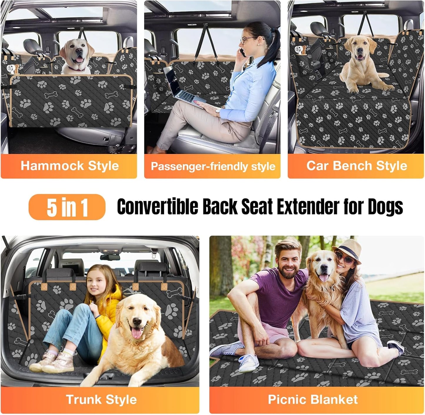 Dog Car Seat Cover for Back Seat, Larger Dog Car Bed Cover with Strong Bottom, Car Back Seat Extender Hammock for Full Size Truck/SUV Black 8 Panels Black Foot Print