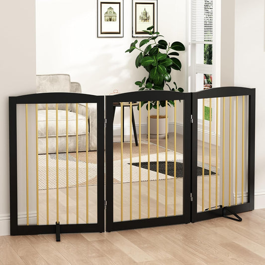 Freestanding Pet Gate for Dogs, Foldable Wooden Dog Gate for House Indoor, Step Over Pet Puppy Safety Fence for Stair, Doorway,Hall, Support Feet Included,3 Panels 32",Black&Gold