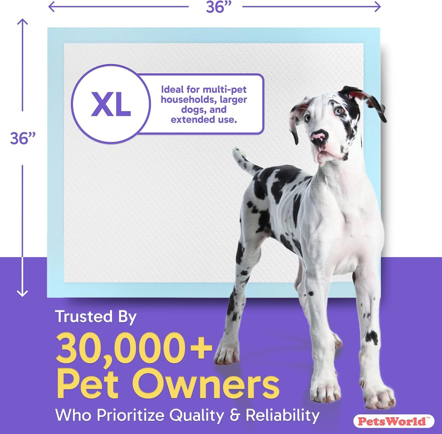 PETSWORLD Giant Dog Potty Pads, Odor-Eliminating, 36" x 36", Ultra Absorbent 5-Layer Leak-Proof Training Pads for Dogs & Cats (36x36, 200 Count)
