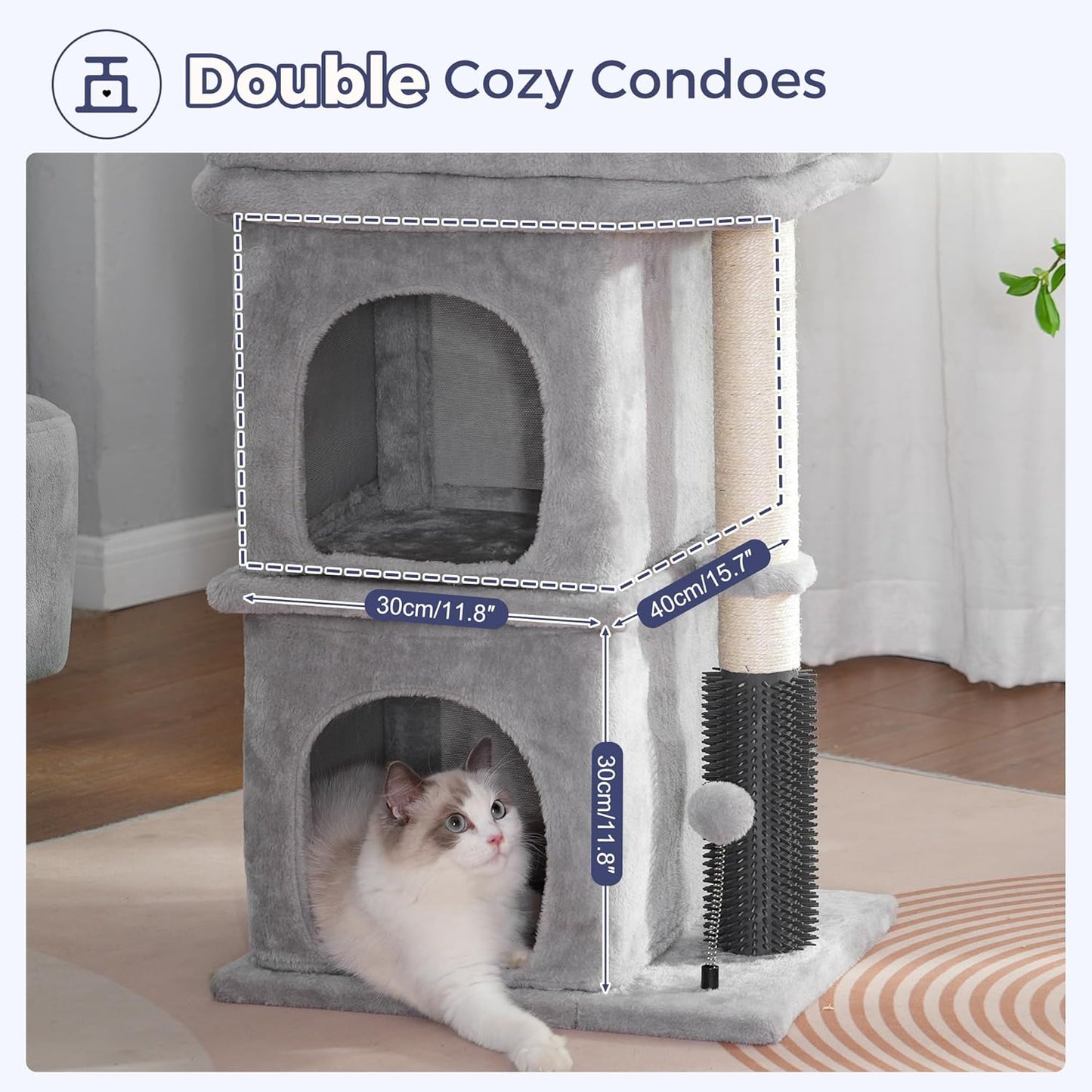 Cat Tree with Large Top Bed 17.7x15.7” Small Cat Tower with Dual Condos,28” Fully Scratching Post and Self Groomer for Indoor Cats-Grey