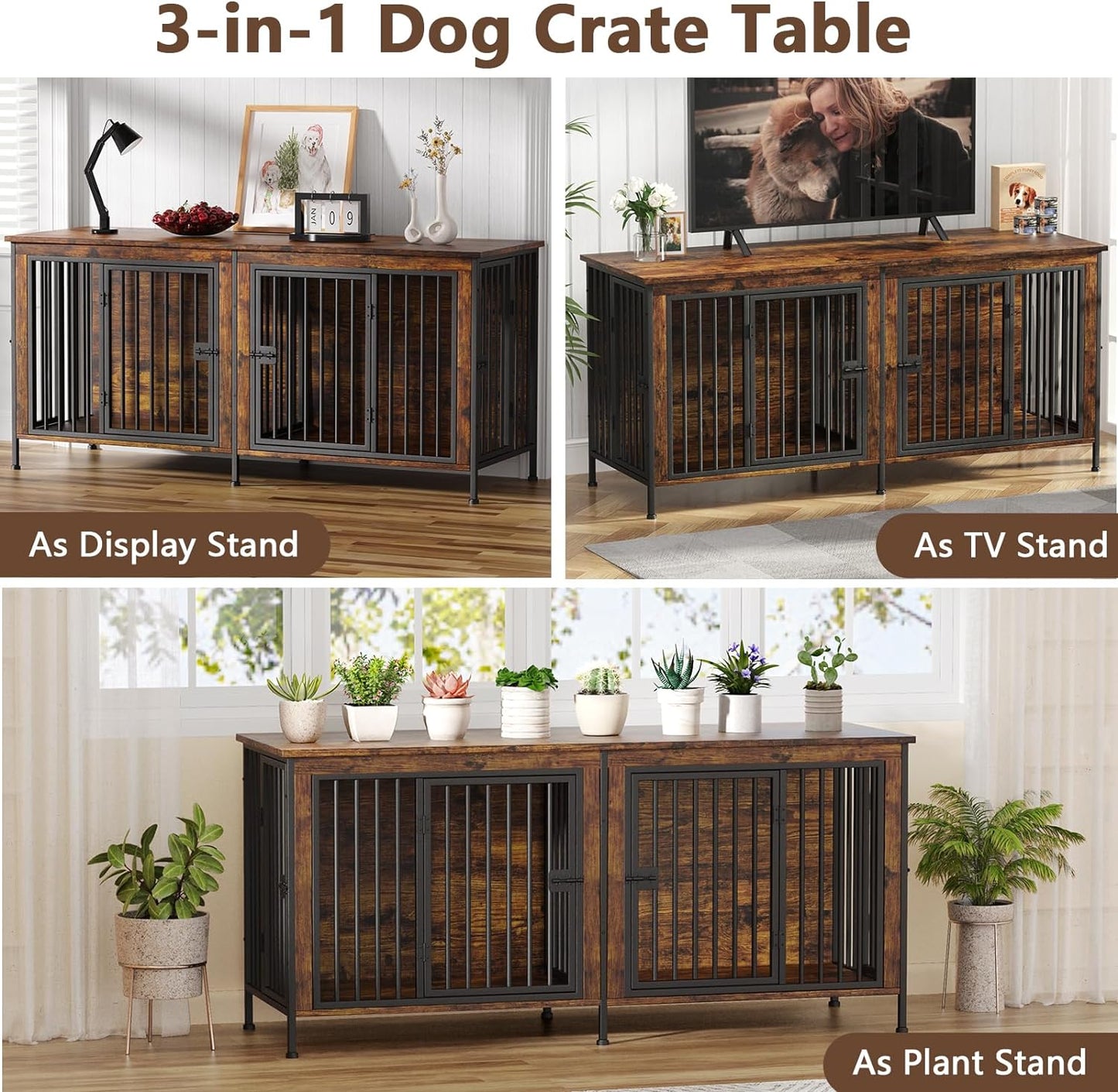 EasyCom 78 Inch Dog Crate Furniture for 2 Dogs, Extra Large Double Dog Cage Large Breed, XXL Thick Wooden Dog Crate TV Stand, Sturdy Dog Kennel with Divider