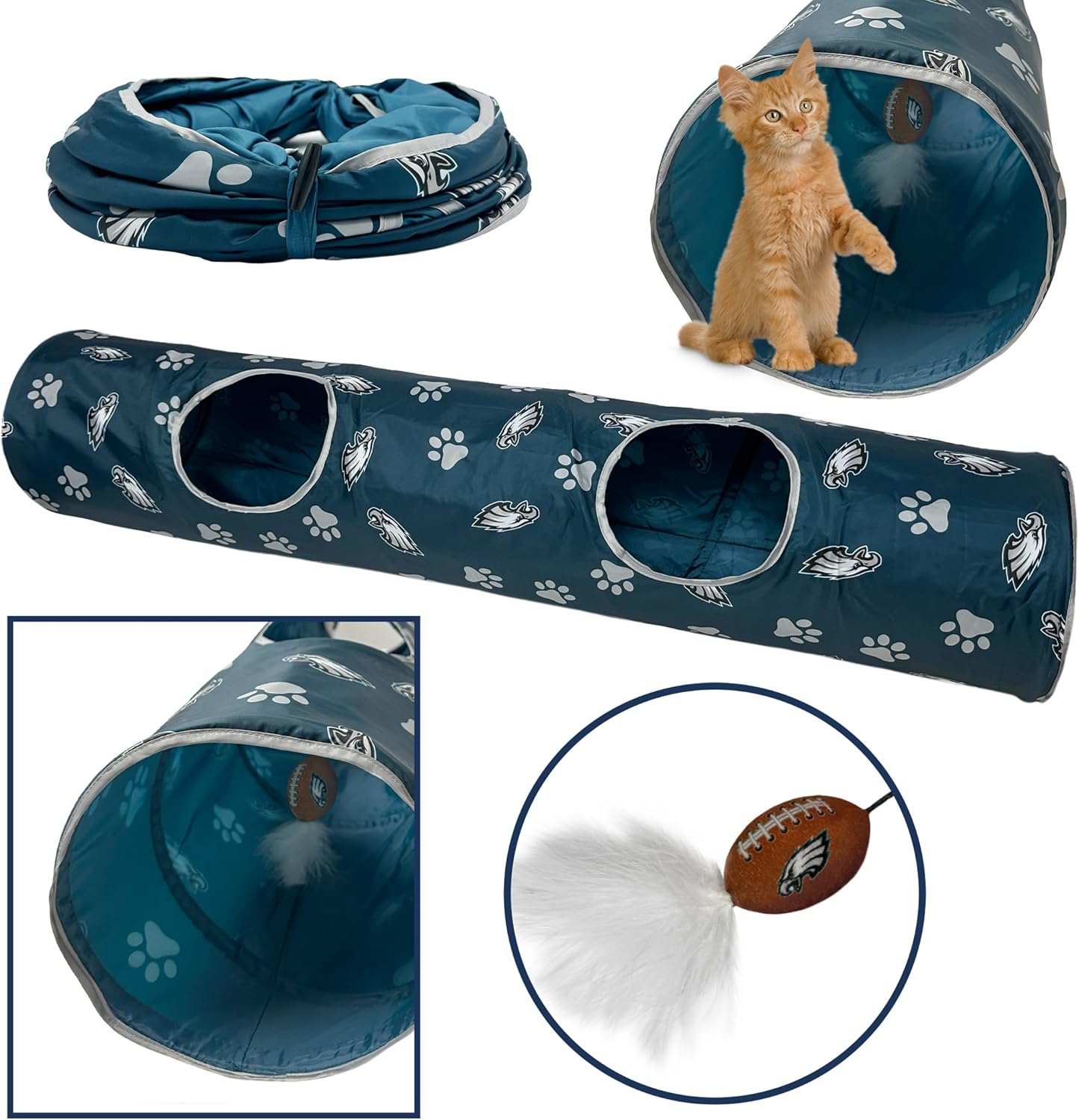 NFL Philadelphia Eagles Cat Tunnel Tube Toy with Plush Football Catnip and Feathers Collapsible Tunnel for Cats to Play, Peek and Hide, Sporty & Fun Cat Tunnel Toy with Team Logo All-Over Design!