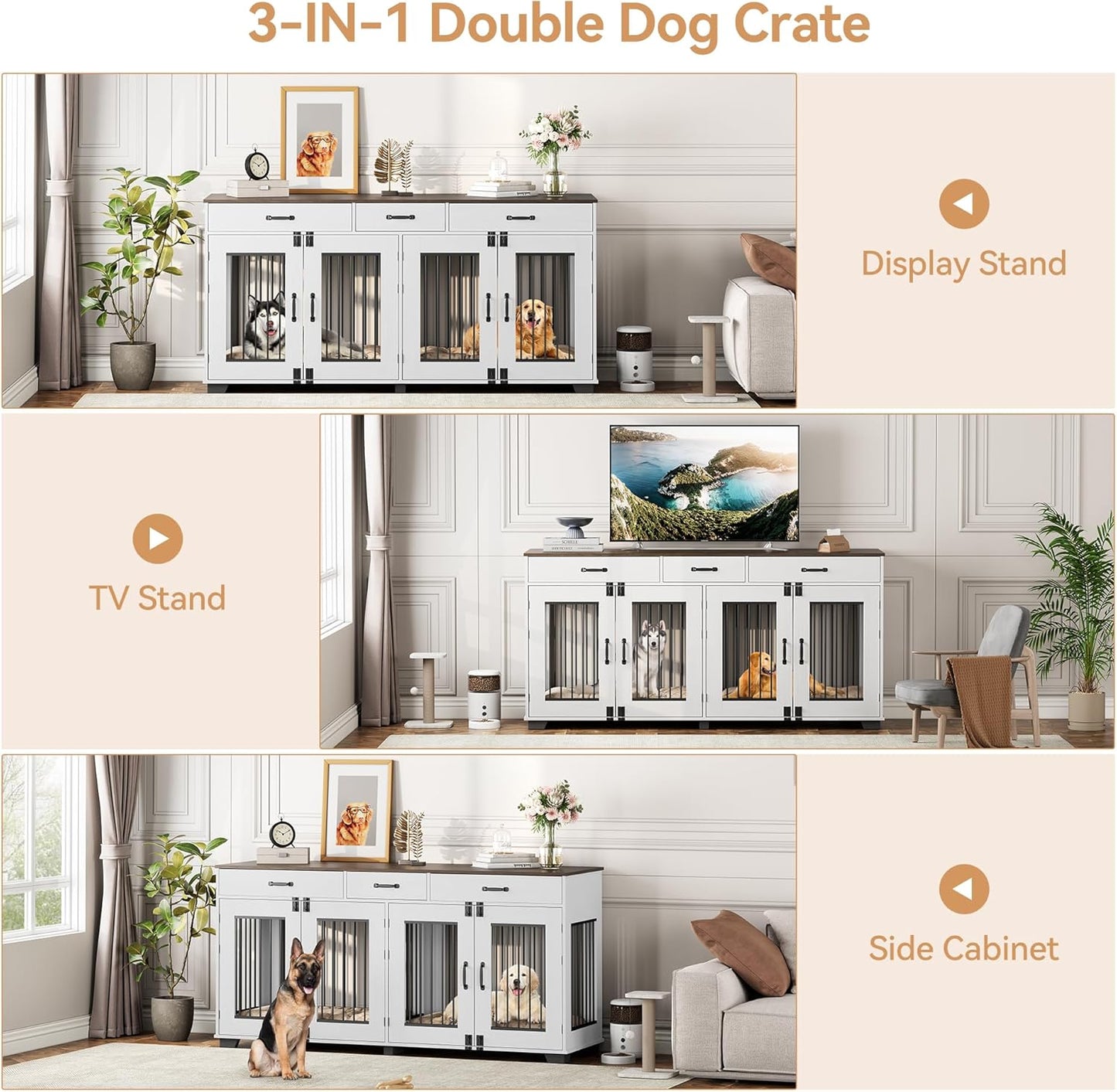71'' Dog Crate Furniture, Wooden Indoor Dog Kennel for 2 Dogs with 3 Drawers and Removable Room Divider, XXL Double Dog Crate TV Stand End Table with Double Doors for Large Medium Dogs, White
