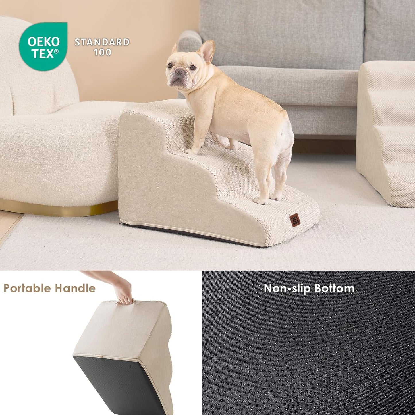 EHEYCIGA Curved Dog Stairs Ramp for Small Dogs 15.7" H, 3-Step Dog Steps for Couch Sofa and Chair, Pet Stairs for Cats, Non-Slip Balanced Pet Steps Indoor, Beige