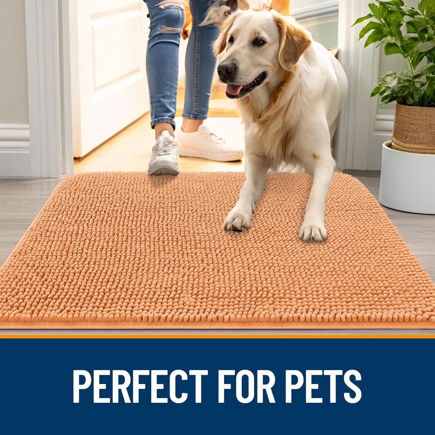 OLANLY Dog Door Mat for Muddy Paws 36x24, Absorbs Moisture and Dirt, Absorbent Non-Slip Washable Doormat, Quick Dry Chenille Mud Mat for Dogs, Entry Indoor Entryway Carpet for Inside Floor, Orange
