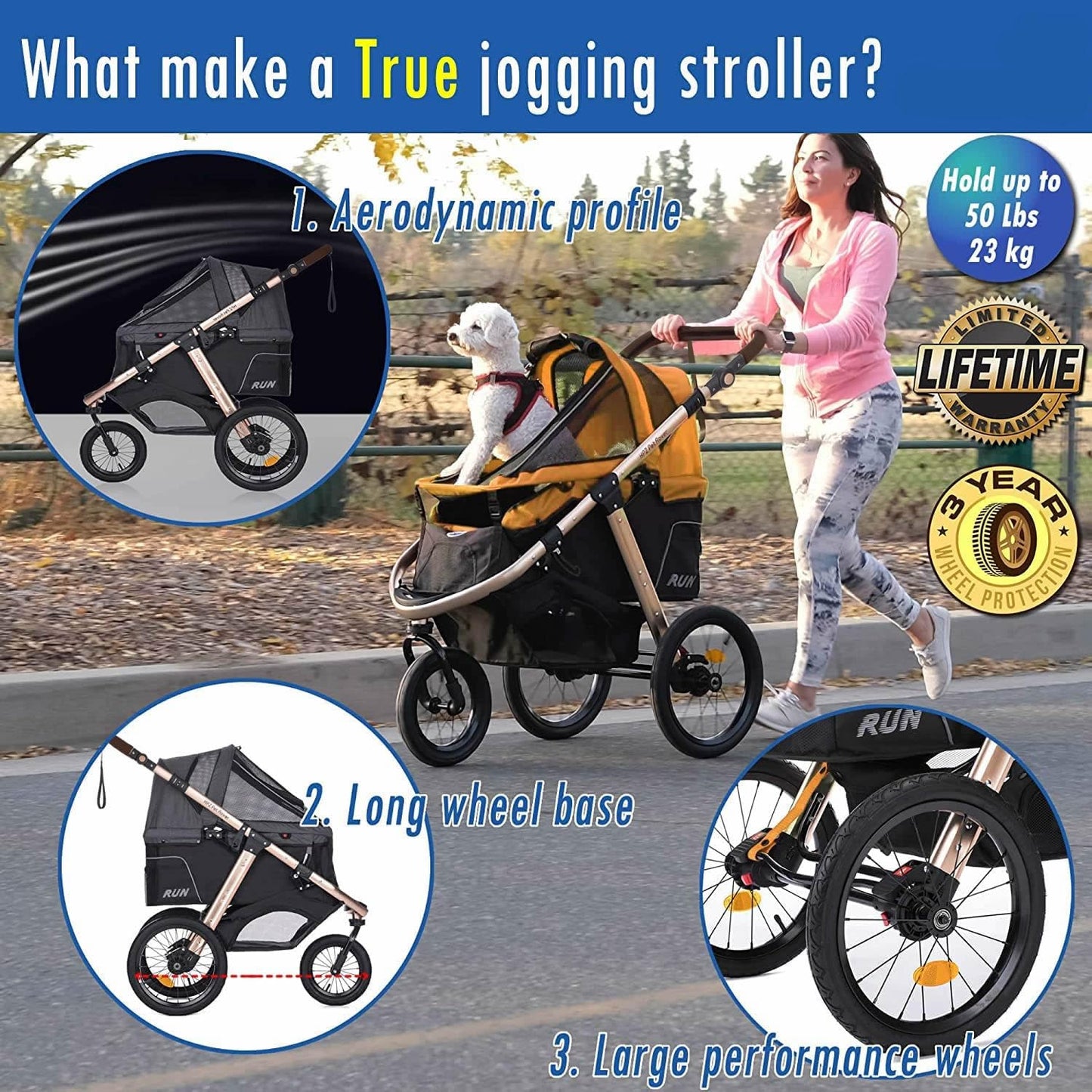 Run Performance Jogging Sports Stroller with Comfort Rubber Wheels/Zipper-Less Entry/1-Hand Quick Fold/Aluminum Frame for Small/Medium Dogs, Cats and Pets (Speed Yellow)