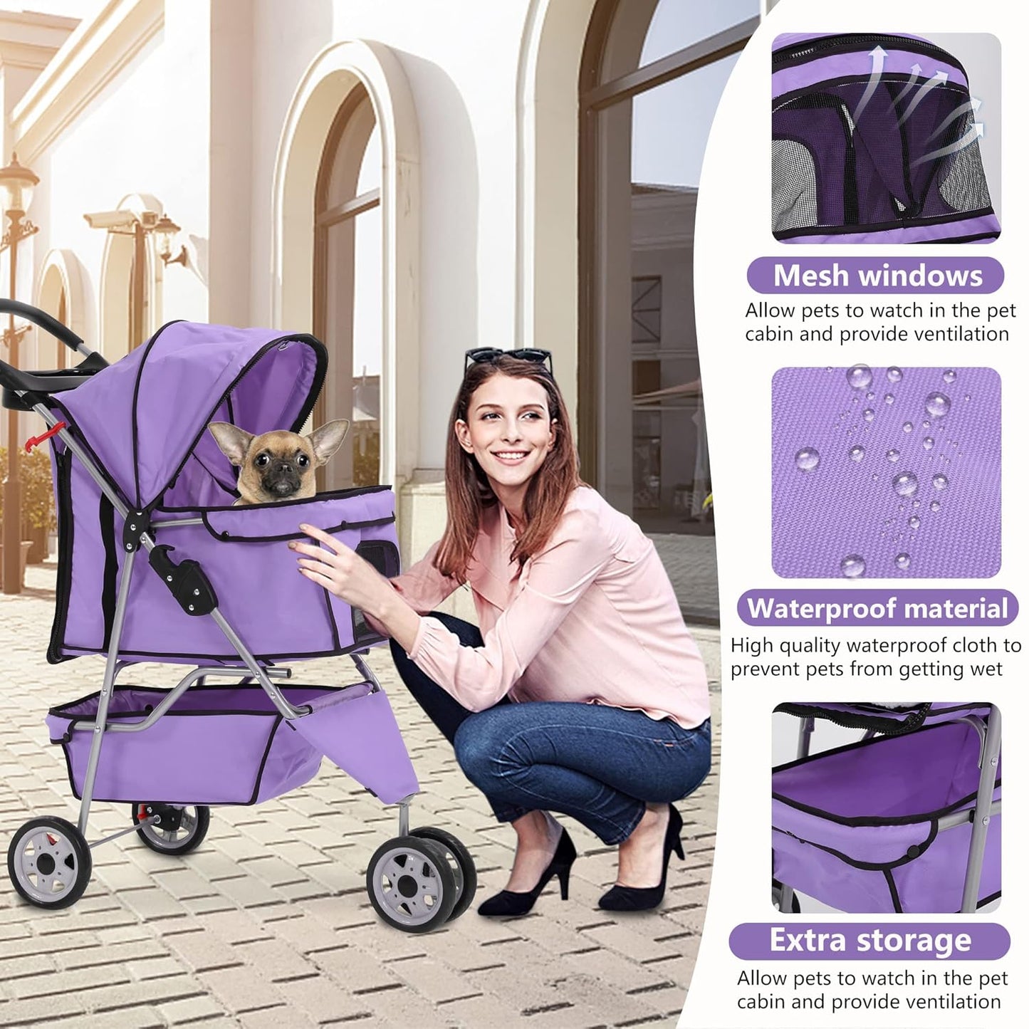 Dog Stroller,3 Wheels Travel Folding Pet Strollers for Small Medium Dog Cat Jogger Stroller with Storage Basket Removable Liner Purple