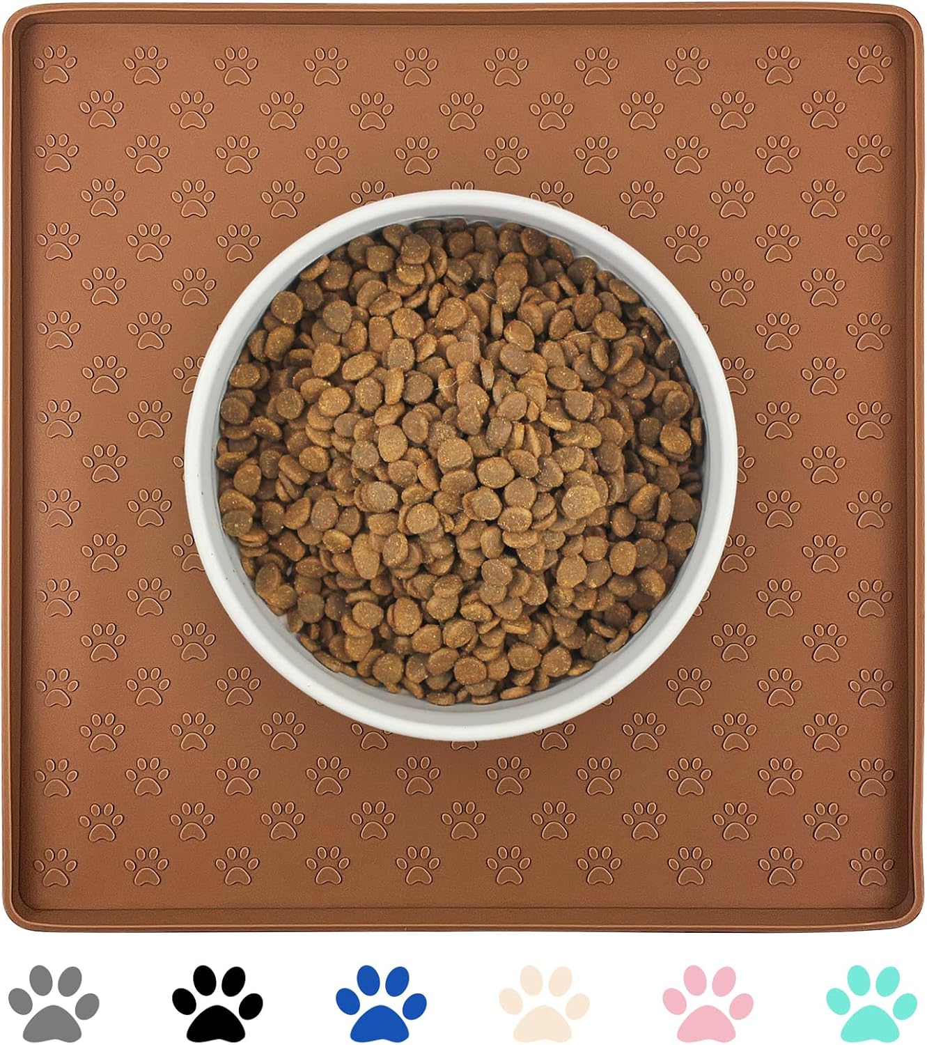 Ptlom Pet Placemat for Dog and Cat, Waterproof Silicone Pet Feeding Bowl Mats for Food and Water, Small Medium Large Dogs Mat Prevent Residues from Spilling to Floor, Brown, 11.8"x11.8"