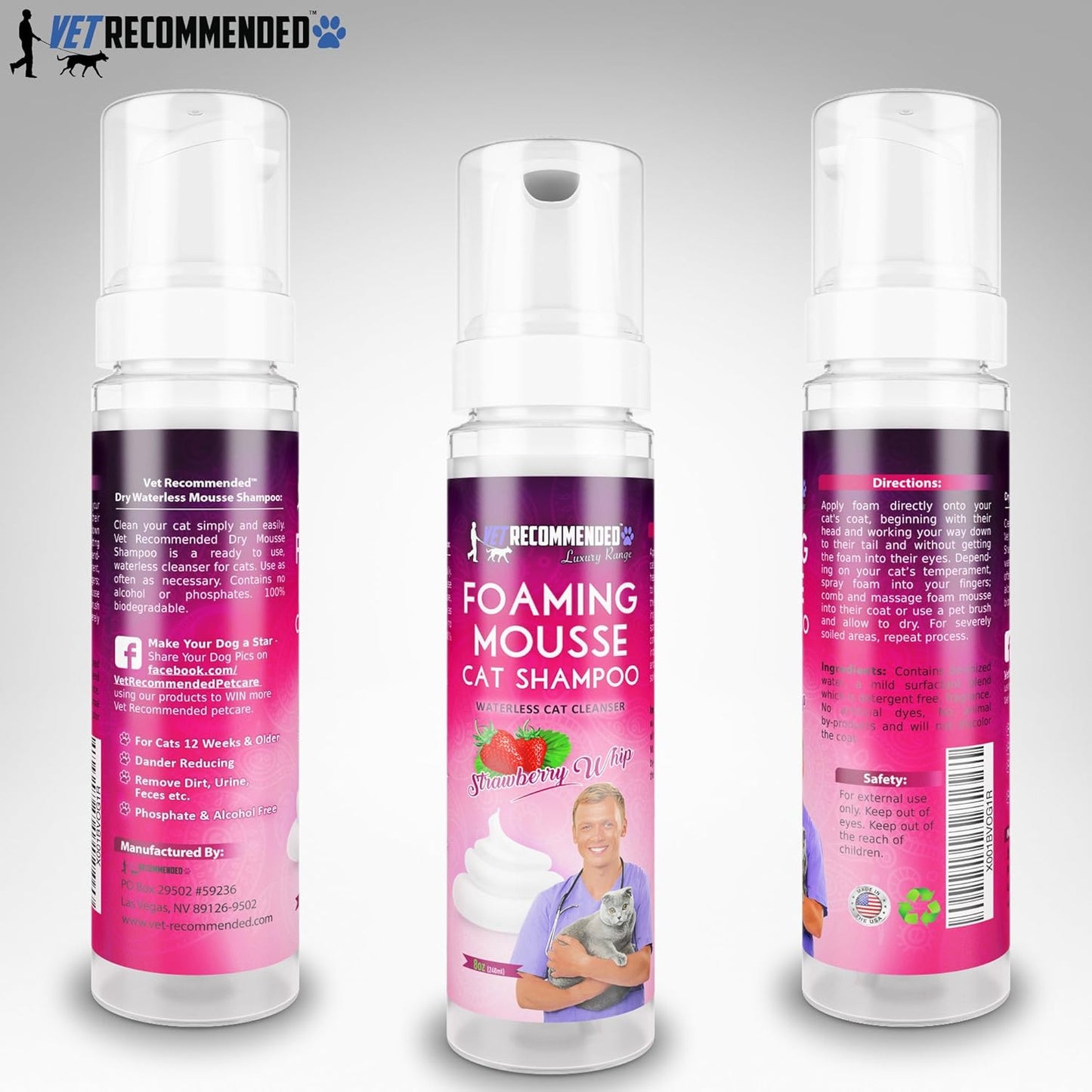 Waterless Cat Shampoo Foaming Mouse - Strawberry Patch Scent (8 Oz/240 ml). for Sensitive Skin, Detergent and Alcohol Free. Helps in Cleaning, Conditioning & Moisturizing. Made in USA