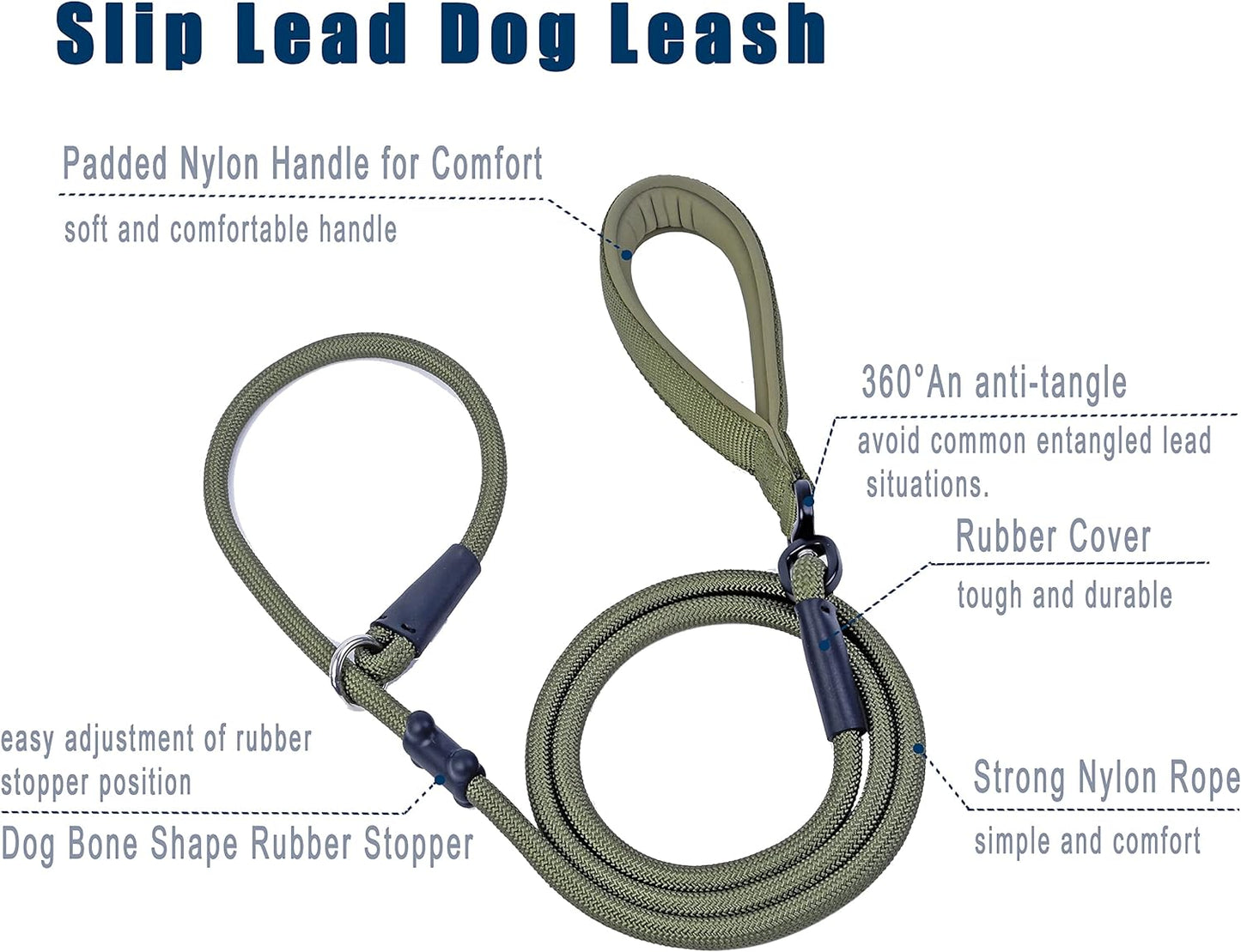 Slip Lead Dog Leash，Strong Nylon Rope Leash and Padded Handle,No Pull Outdoor Walking Training Lead for Small Medium Large Dogs(Army Green, 1/2"×6ft)