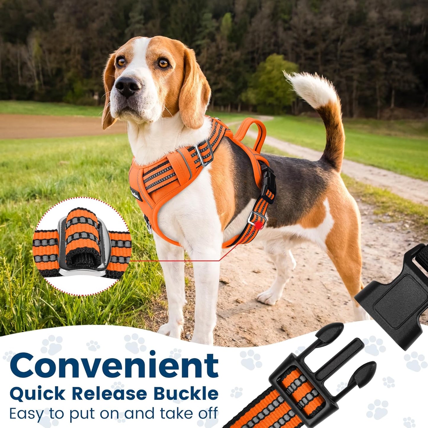 Funfox Dog Harness No Pull, Adjustable Pet Vest Harness, Super Soft Material with Vertical Handle Easy Control, Reflective Night Walking, 2 Leash Clips for XLarge Dogs, Orange, XL