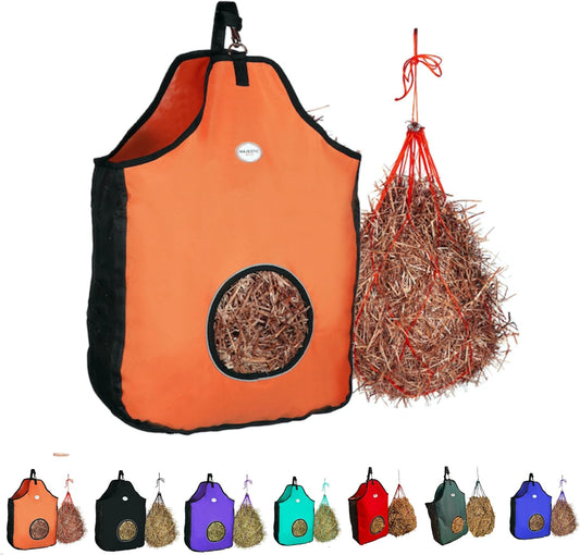 Majestic Ally 1200 D Hay Feeder Tote Bag for Horses, Sheep with Reflective Trim- Reduces Waste - Comes with 36” Hay Net (Orange)