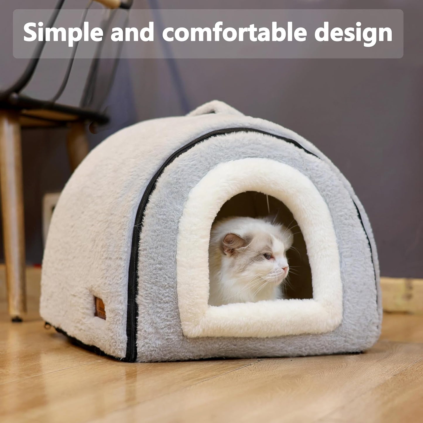 Cat Bed for Indoor Cats，Foldable cat cave，Anti-Slip & Water-Resistant Bottom，cat Houses for Indoor Cats or Small Dogs, Kitten Tent, Rabbit Bed，2 in 1 pet Bed (Grey)