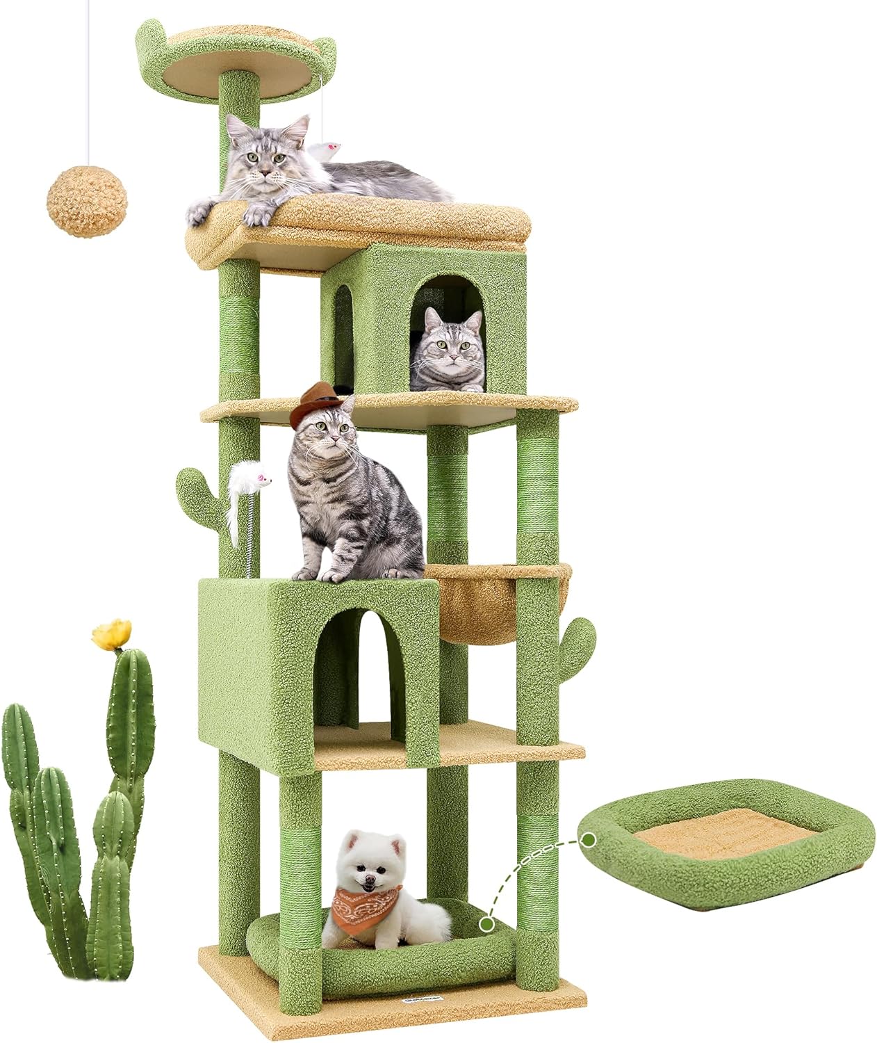 Globlazer Heavy Duty Cactus Cat Tree for Large Cats, Sturdy 72in Maine Coon Cat Tree for Large Cats 20 lbs+ Cactus Cat Tower for Adult Biggest Cats with 6 Scratching Posts, Hammock, S72, Green