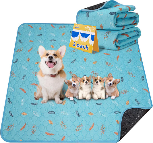 Sunheir Washable Pee Pads for Dogs Extra Large 36" x 48" 2-Pack Reusable Puppy Pads Pet Training Pads, Whelping Pad, Non-Slip Protects Against Urine Leakage (Leaves - Sky Blue, 36x48)