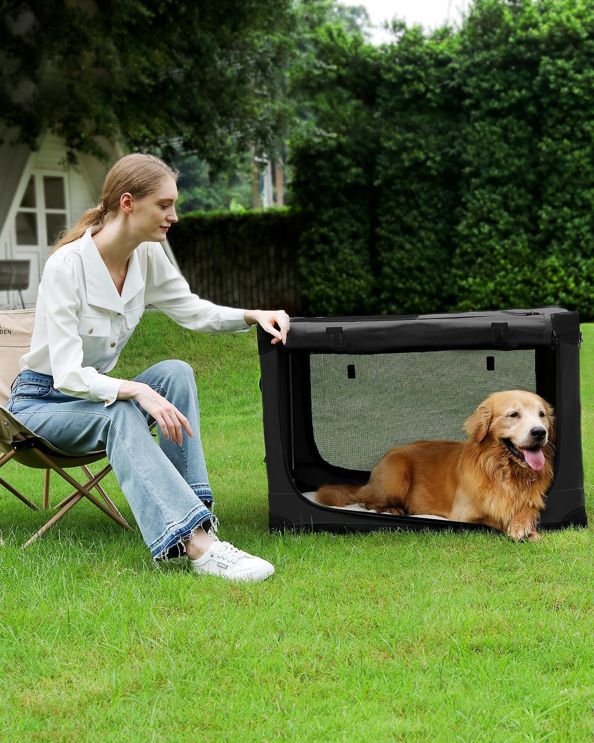 24-Inch Collapsible Travel Dog Crate, Portable 4-Door Soft Kennel for Medium to Large Dogs, Durable Mesh Windows, Indoor/Outdoor Use, Foldable, with Storage Bag (Black)