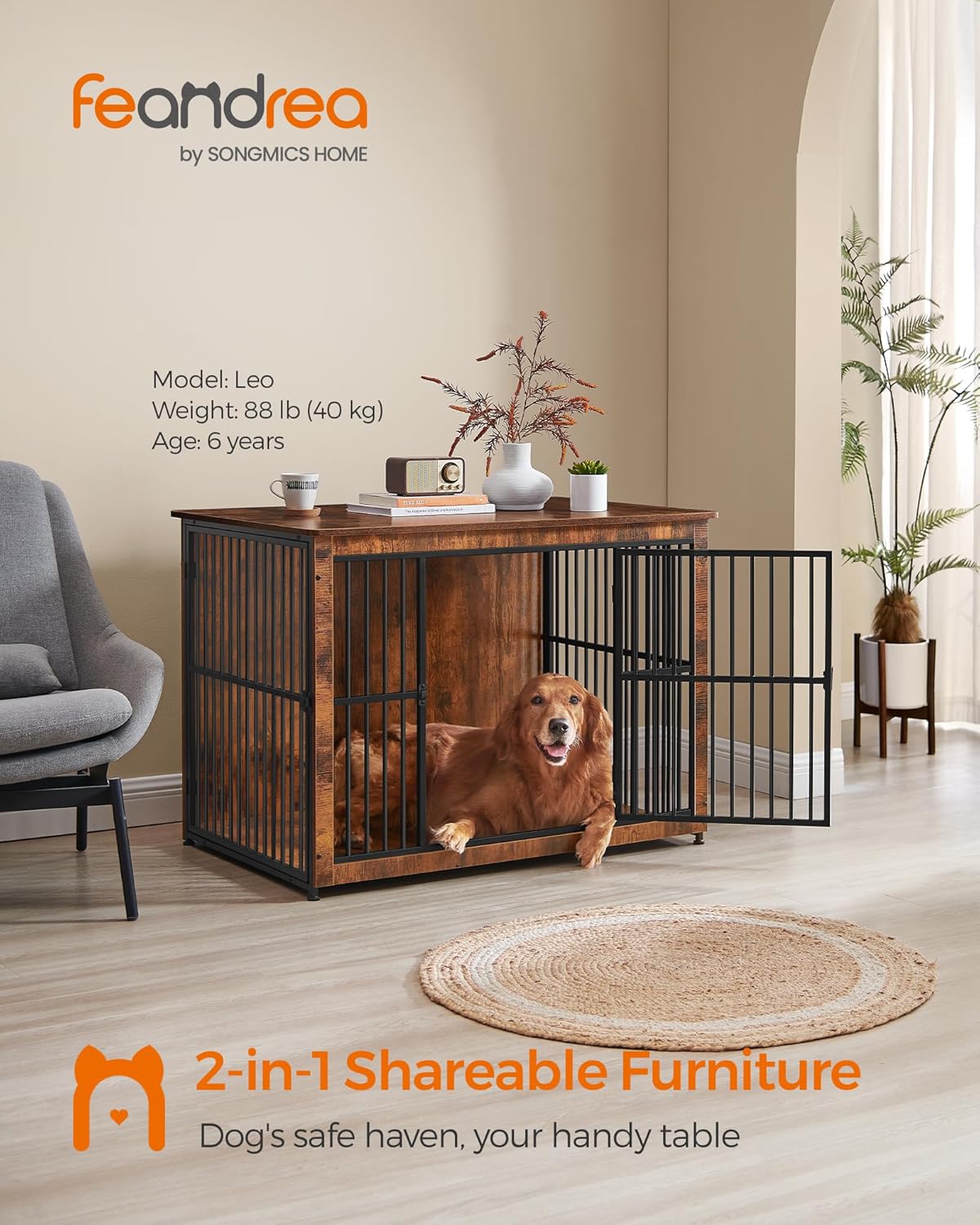 Feandrea Dog Crate Furniture, 43.3" Side End Table, Modern Kennel for Dogs Indoor up to 80 lb, Heavy-Duty Dog Cage with Enclosed Base, Double-Door Dog House, Rustic Brown UPFC024X01