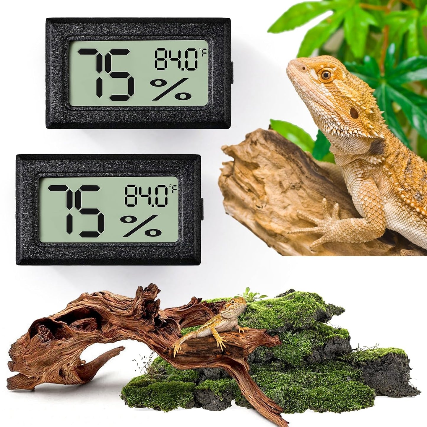 Reptile Thermometer and Humidity Gauge,2PCS Digital Hygrometer Adhesive Reptile Terrarium Hydrometer,Bearded Dragon Tank Accessories,Pet Humidity Meter Supplies for Leopard Crested Gecko,Snake,Lizard