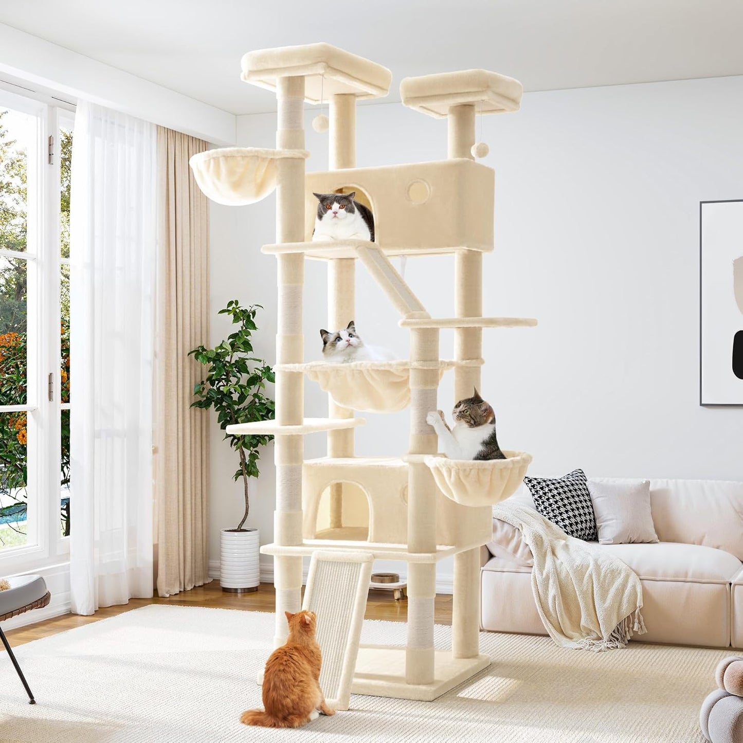 Allewie 81 Inches Tall Cat Tree/Multi-Level Large Climbing Tree House and Towers for Big Feline/Condo and Hammock/Scratching Post/Wide Base/Beige