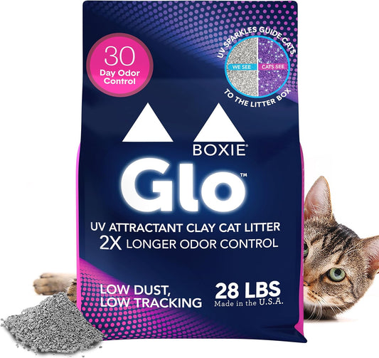 Boxie® Glo™ 30 Day Odor Control Clumping Clay Cat Litter, 28lb, Multi-Cat, 99.9% Dust-Free, Low Tracking, UV Light Attractant, Superior Clumping for Easy Scooping