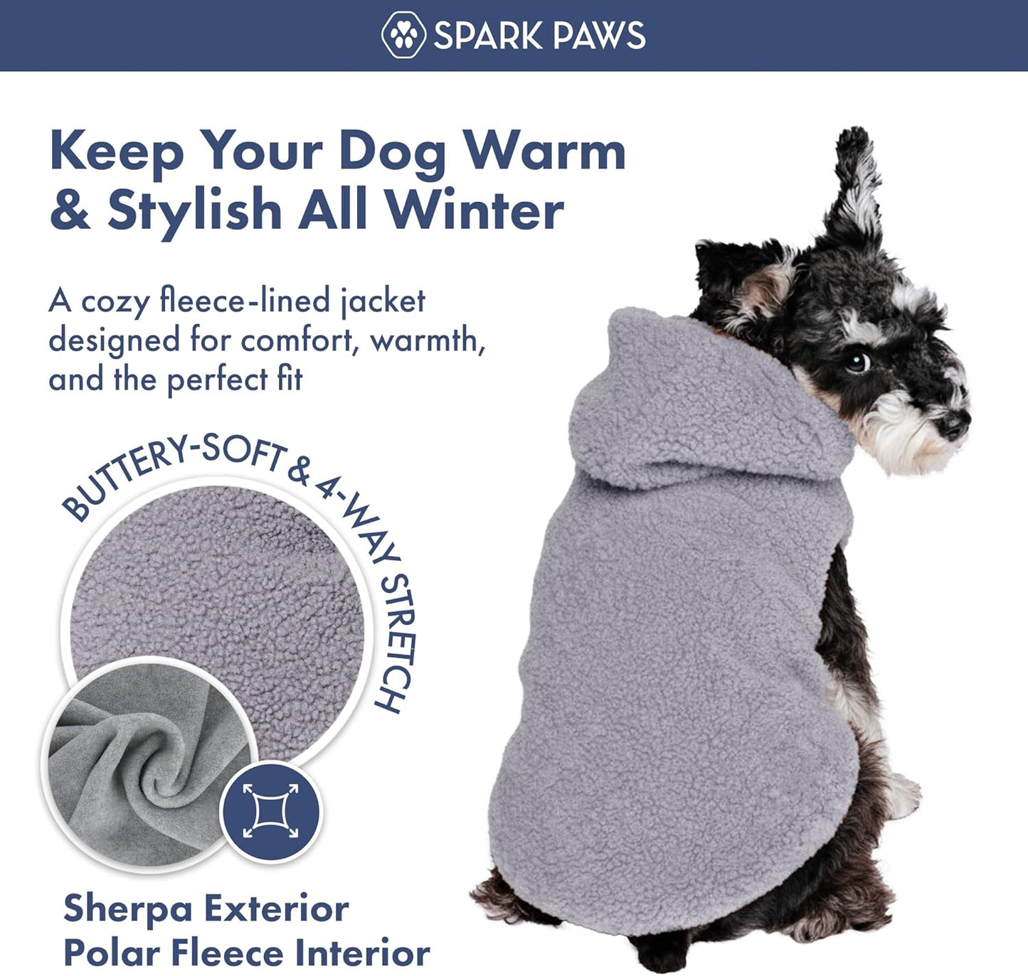 Spark Paws Teddy Dog Sweater, Sherpa Jacket Vest with Warm Fleece Lining, Winter Coat Suitable for Small Medium Large XL XXL Breeds - Grey - L
