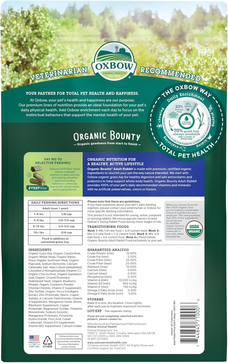 Oxbow Animal Health Organic Bounty Adult Rabbit Food - All Natural Rabbit Pellets - 3 lb.