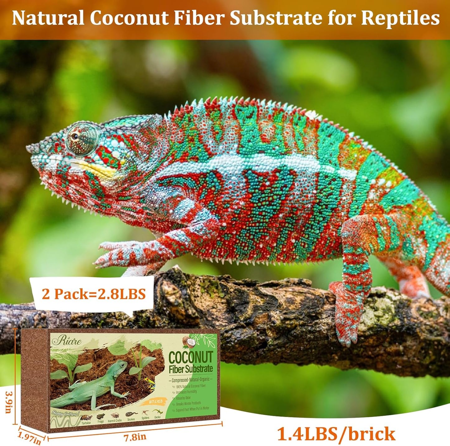 Riare 2 Pack Natural Coconut Fiber Substrate for Reptile- Premium Compressed Coconut Husk Terrarium Bedding for Reptile, Tortoise, Frogs, Snakes Hermit Crabs, Burrowing Animals