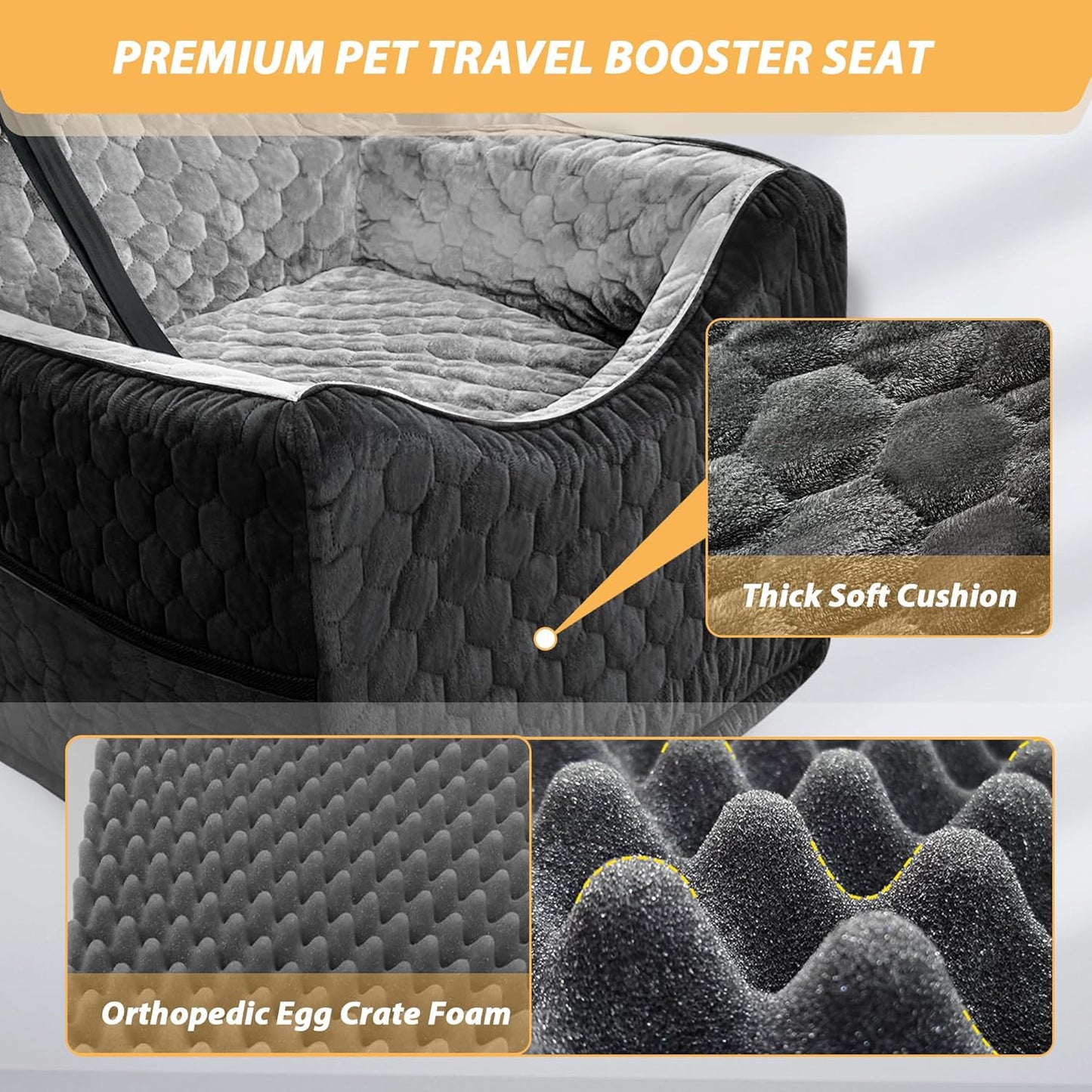 Dog Car Seat for Small/Medium Dogs, Memory Foam Dog Booster Seat, Travel Safety Per Car Seat with Washable Removable Cover, Storage Pockets, up to 35 lbs(BlackGray)