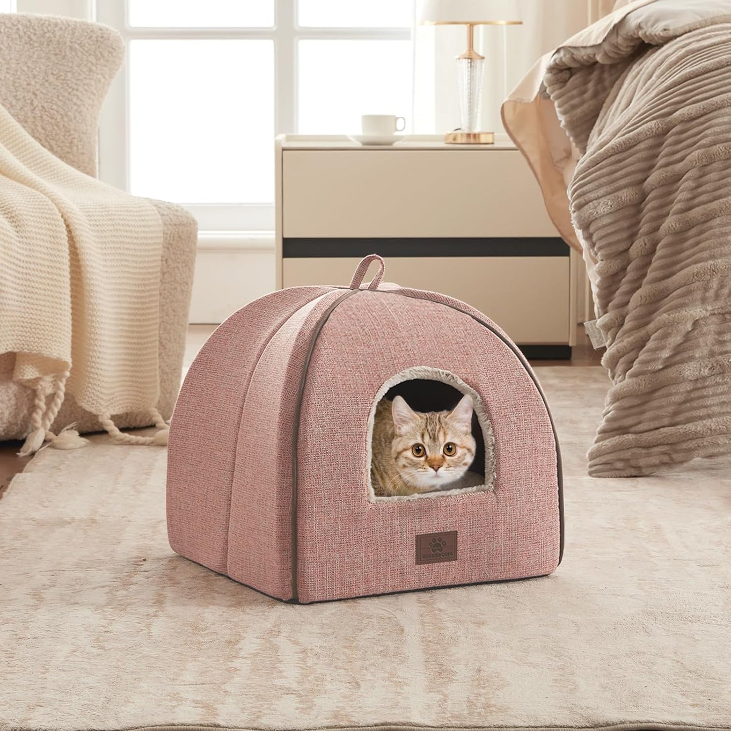Cat Bed for Indoor Cats - Cat Cave Bed Cat House Cat Tent with Removable Washable Cushioned Pillow, Soft and Self Kitten beds,Cat Beds & Furniture, Pet Bed (Large, Pink)