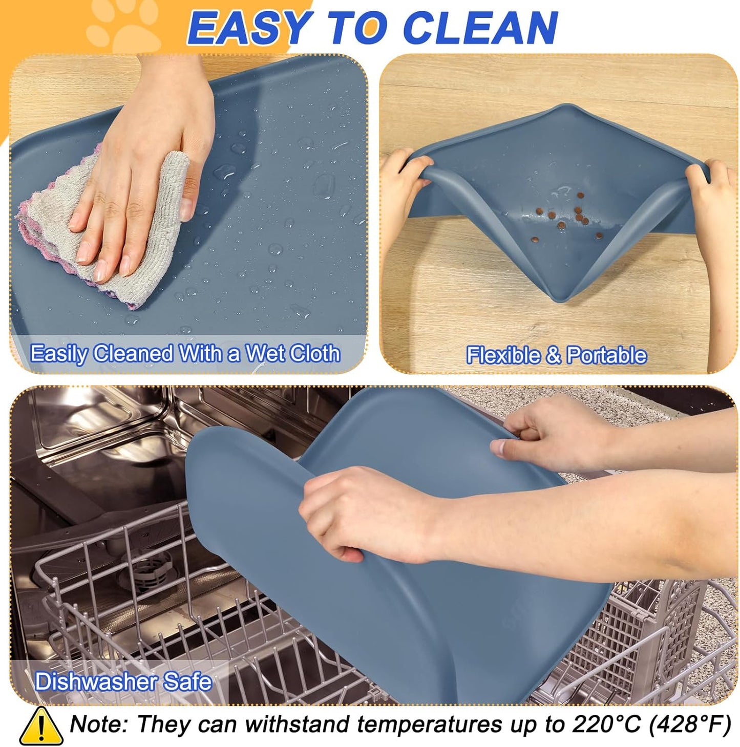 Silicone Pet Feeding Mat with Raised Edge for Food and Water, Dog Bowl Mats, Cat Bowls Placemat with High Lip for Floor Waterproof, Rubber Tray for Cats and Dogs 24 x 16 x0.8 Slate Blue