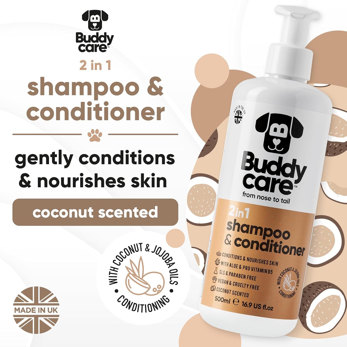 2in1 Dog Shampoo and Conditioner (16.90oz) | Coconut Scented Dog Shampoo Sensitive Skin | Hypoallergenic Itch Relief for Smelly Dogs | Essential Dog Grooming Supplies