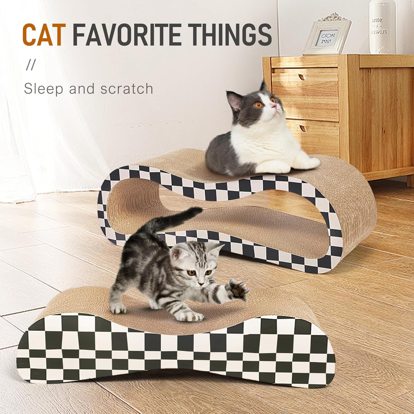 2 in 1 Cat Scratcher Cardboard Lounge Bed, Cat Scratching Post, Durable Board Pads Prevents Furniture Damage,Large,Checkerboard