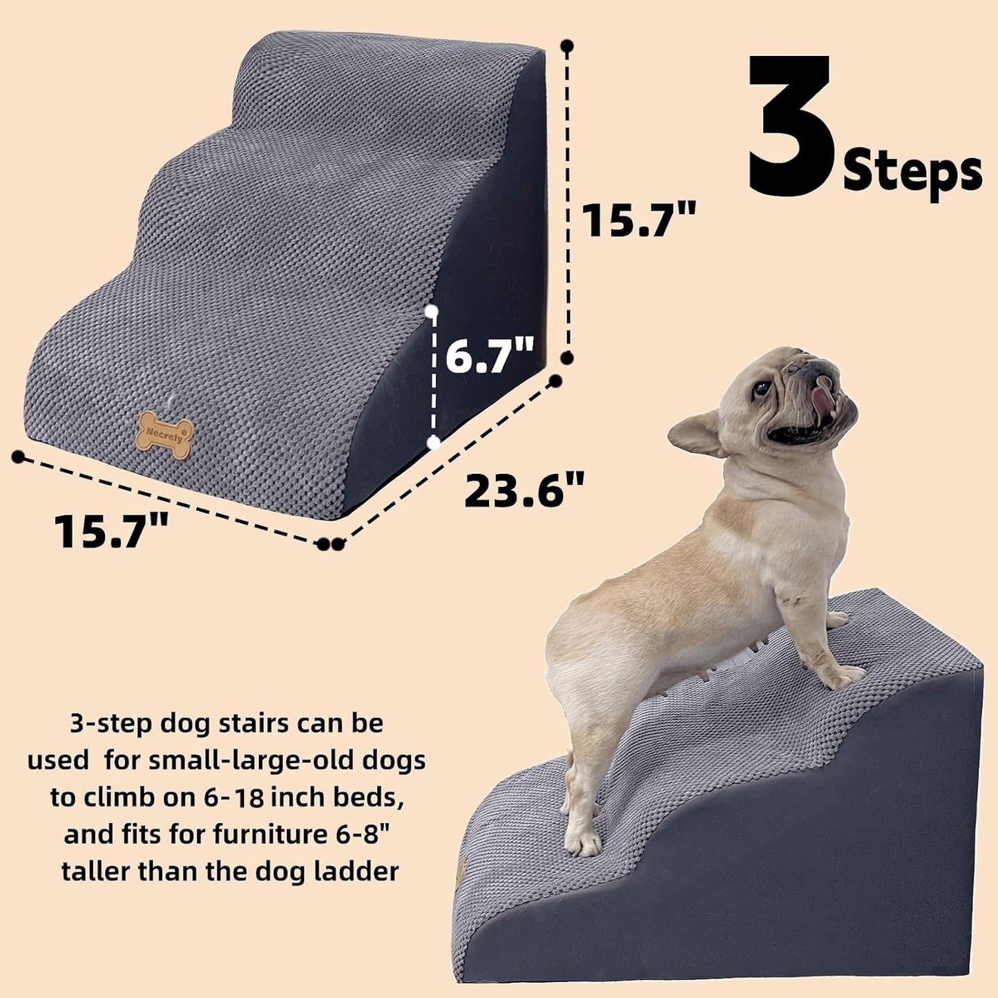 3-Step Dog Stairs for High Beds & Couches Multi-Step Non-Slip Pet Steps with Balanced Ramp Indoor 2 3 4 5 Step Stairs for Small to Large Dogs and Cats Non-Slip Stickers 30D Grey
