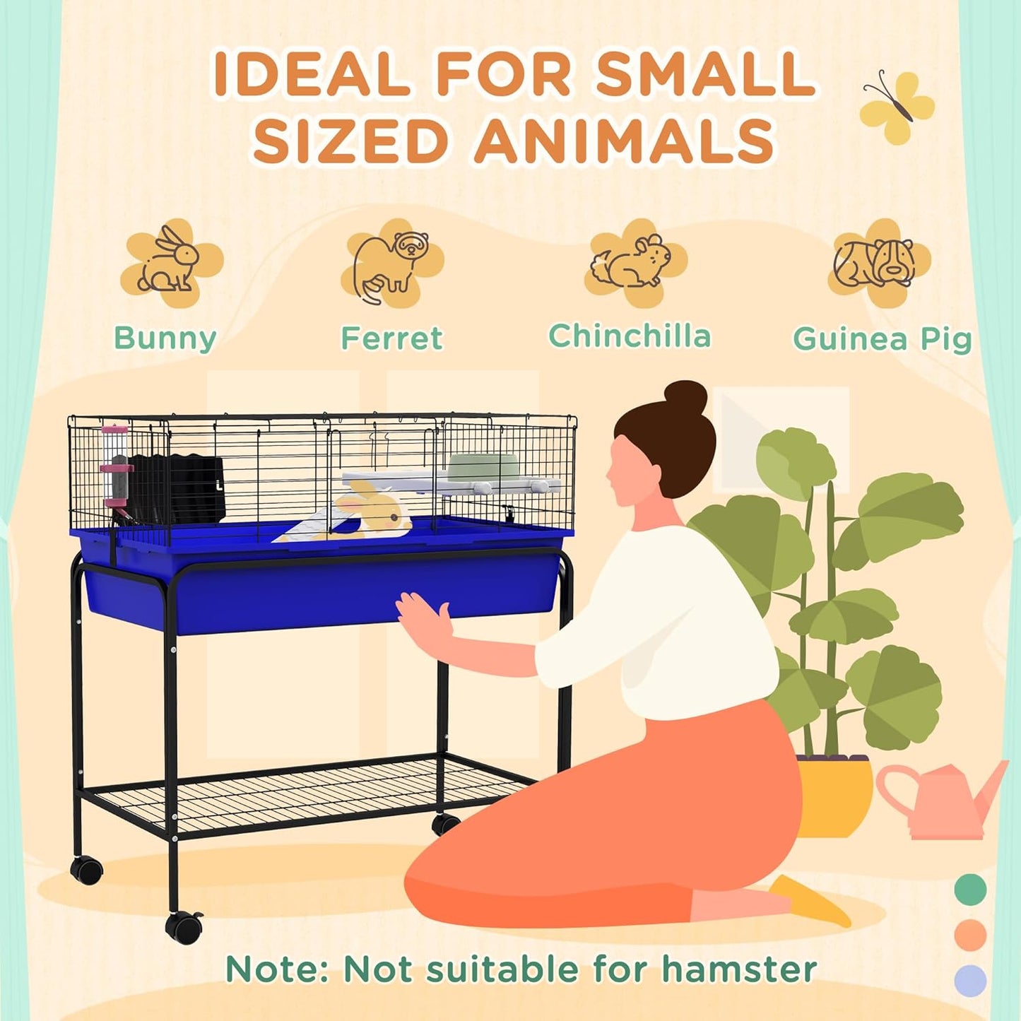 PawHut Two-Story Small Animal Cage Removable from Stand, Guinea Pig Cage with Shelf & Wheels, Pet Habitat for Hedgehog, Chinchilla, Ferret, 33" x 18.5" x 35", Blue