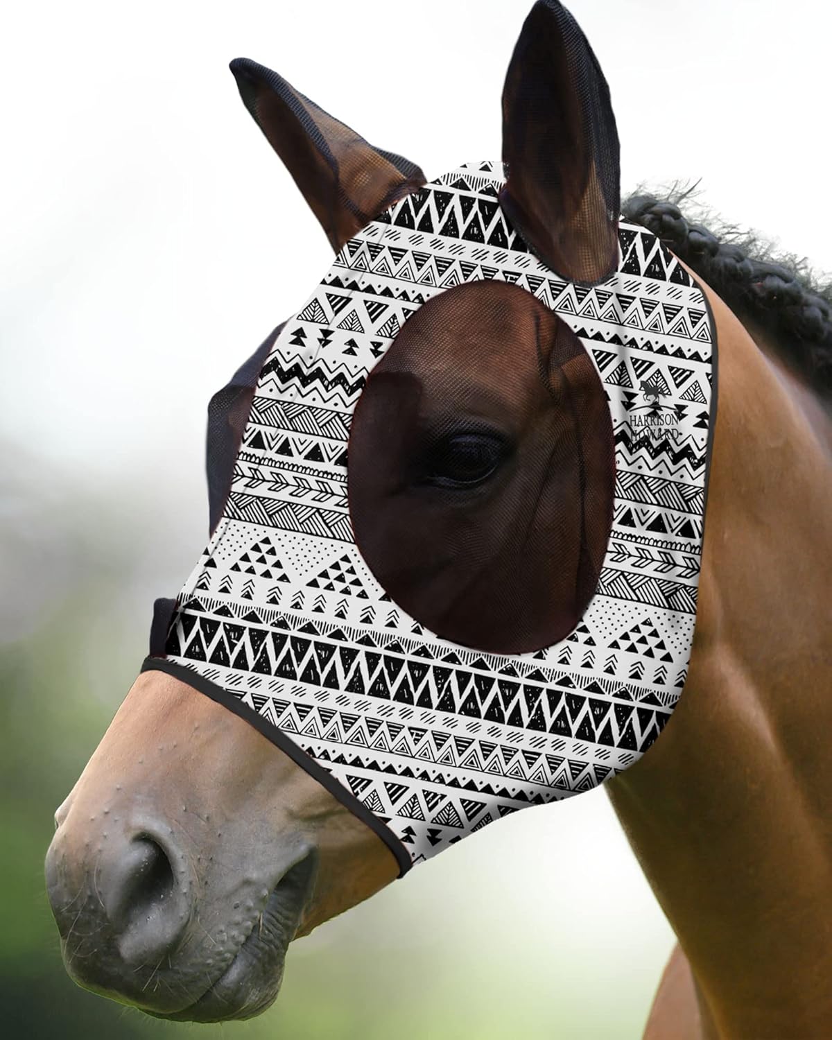 Harrison Howard Super Comfort Stretchy Fly Mask Large Eye Space with UV Protection Soft on Skin with Breathability Doodle Aztec M Cob