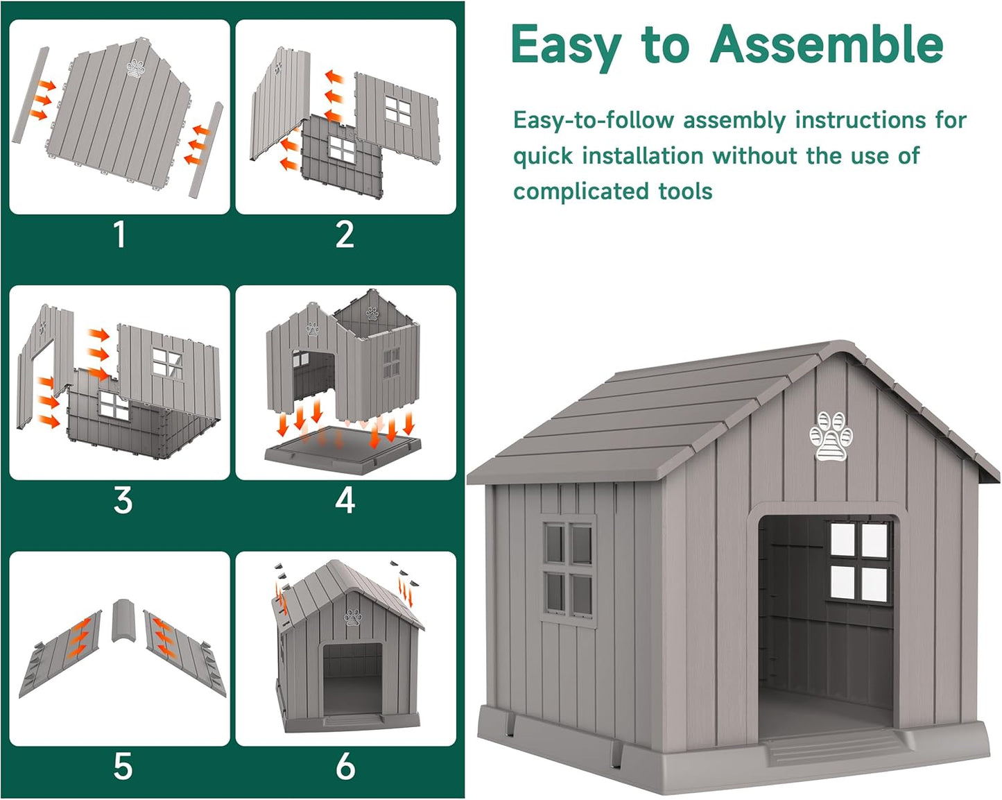 Vixzen 32in Large Outdoor Dog House,Durable Water Resistant Resin Dog House,Doghouse for Small to Large Dogs Indoor or Outside,with Air Vent and Elevated Floor,Gray