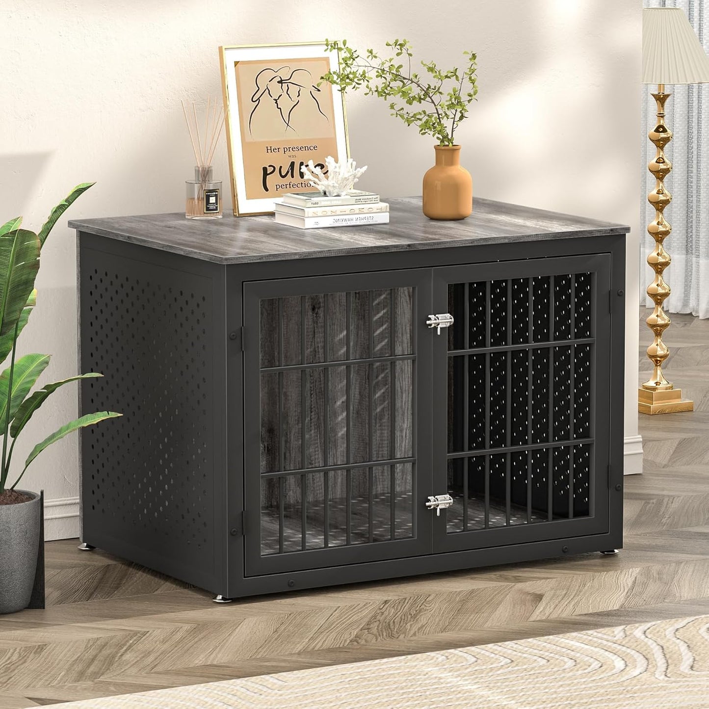 42" Heavy Duty Dog Crate Furniture for Large and Medium Dogs, Enclosed Design Wooden Metal Kennel, Pet Cage Furniture Indoor, Decorative Dog Kennel, End Table