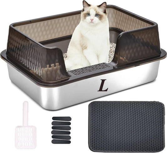 Suhaco Stainless Steel Litter Box Side Entry, Kitty Black Litter Mat and White Scoop Included Covered Metal High Sided Large Cat Litter Box with Lid Removable Enclosure for Medium Cats (Black)