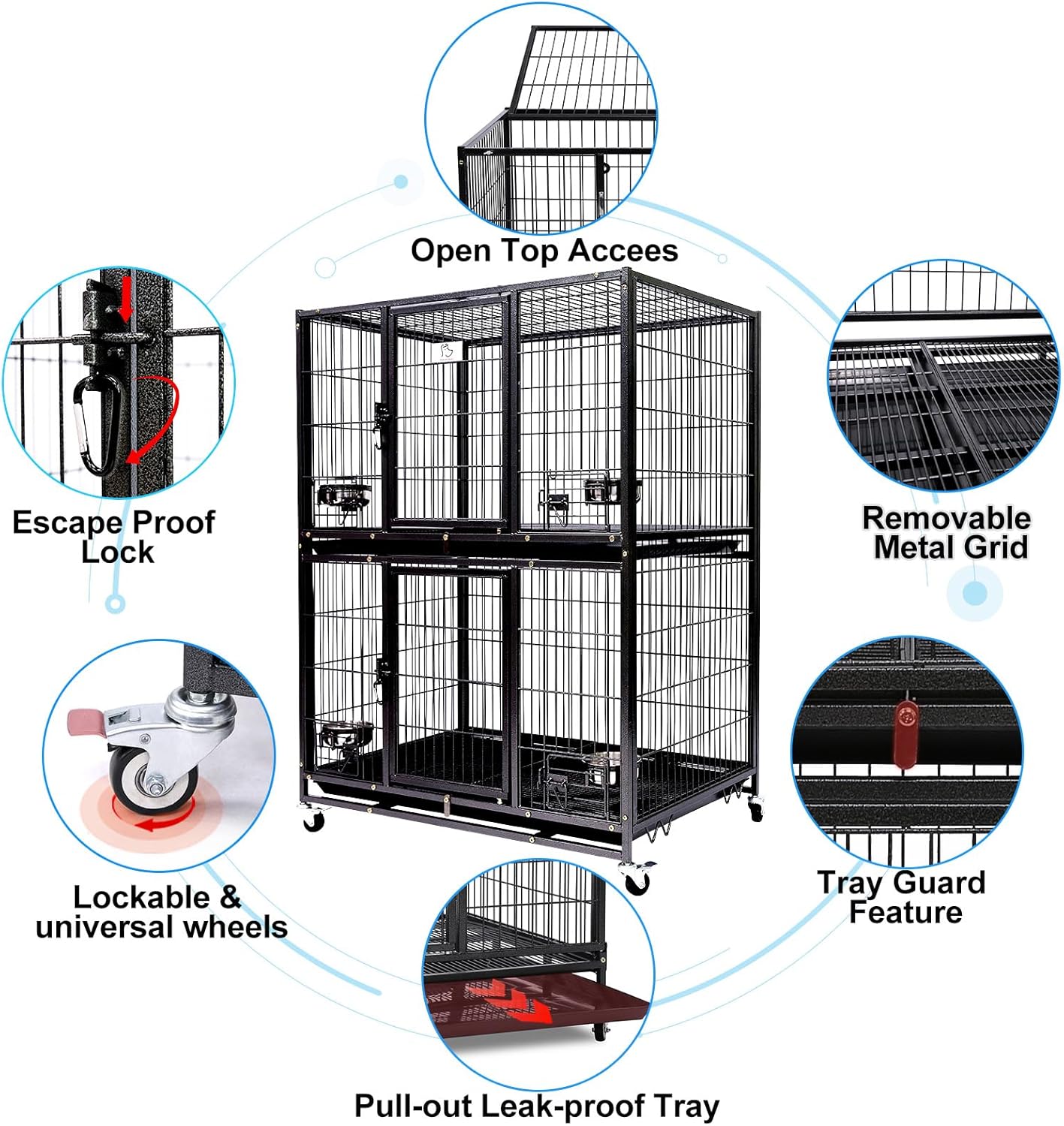 Homey Pet Two Tiers 37 Inch Dog Crate Cage Kennel with Feeding Door and Bowls, Lockable Wheels and Removable Tray, Escape Proof Metal Wire Heavy Duty Dog Crates for Medium/Small Sized Dogs (4 Pack)