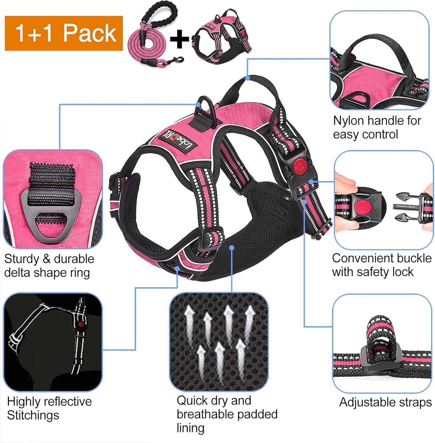 No Pull Dog Harness Adjustable Reflective Oxford Easy Control Medium Large Dog Harness with A Free Heavy Duty 5ft Dog Leash (S (Neck: 13"-18", Chest: 17.5"-22"), Pink Harness+Leash)