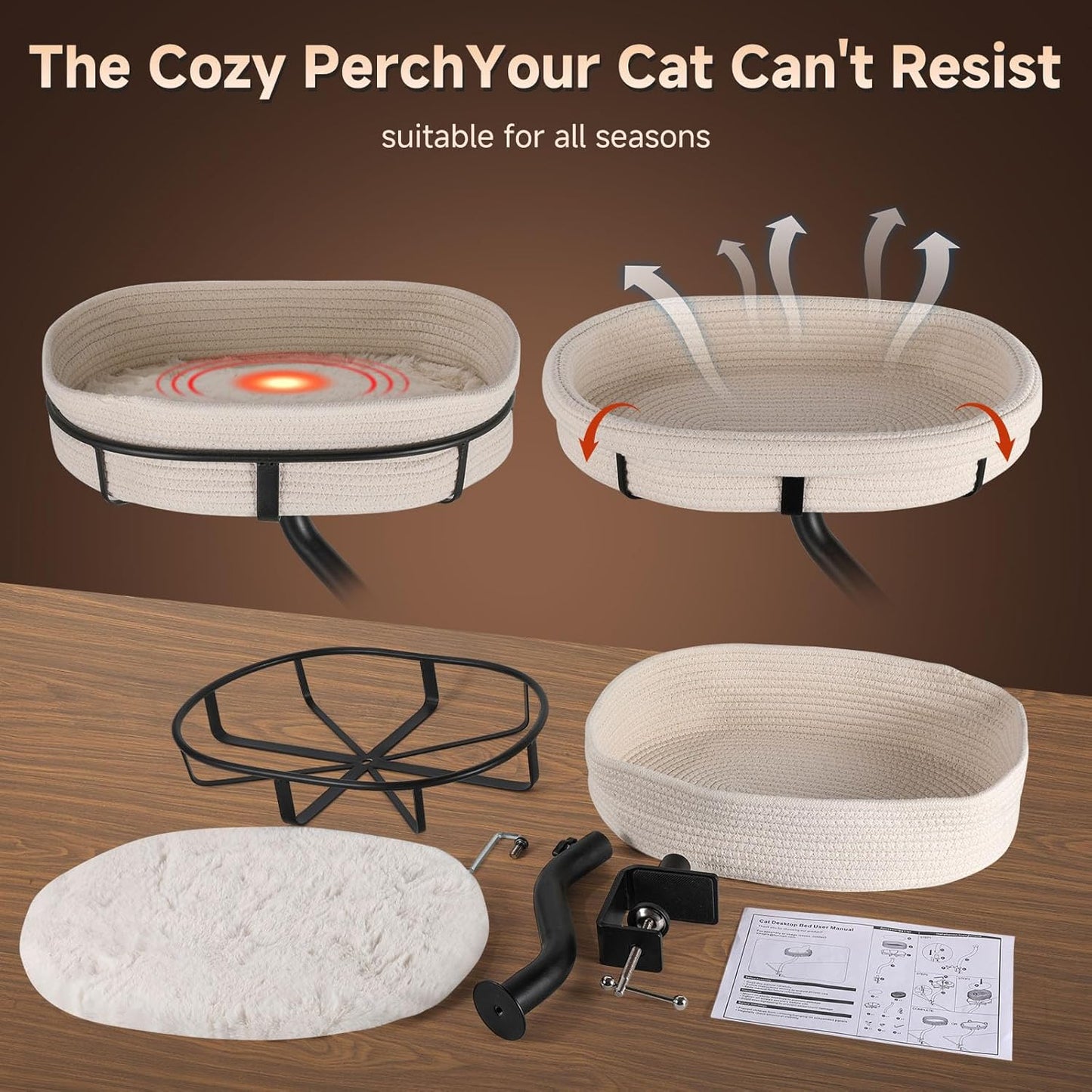 Cat Desk Bed - 360° Rotating Mount Attachment - Space-Saving Cats Hammock for Home Office/Computer Desks, Washable All-Season Indoor Pet Nest - Comfortable Perch