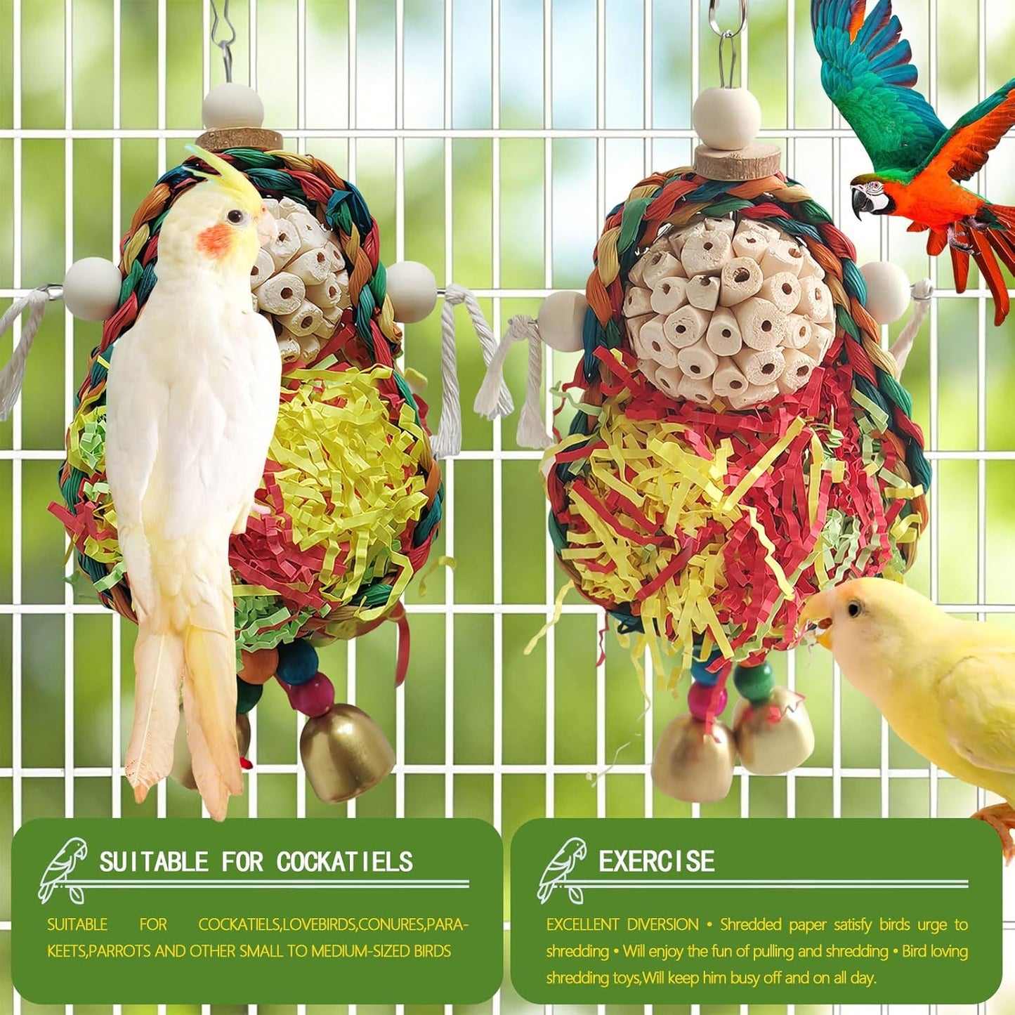 Parakeet Toys,Natural Sola Balls and Shredding Hanging Chewing Toy,2 PCS Small and Medium-Sized Parrot Toys, Bird Toys for Parrots,Cockatiels,Conures,Lovebird,Christmas Birds Toy