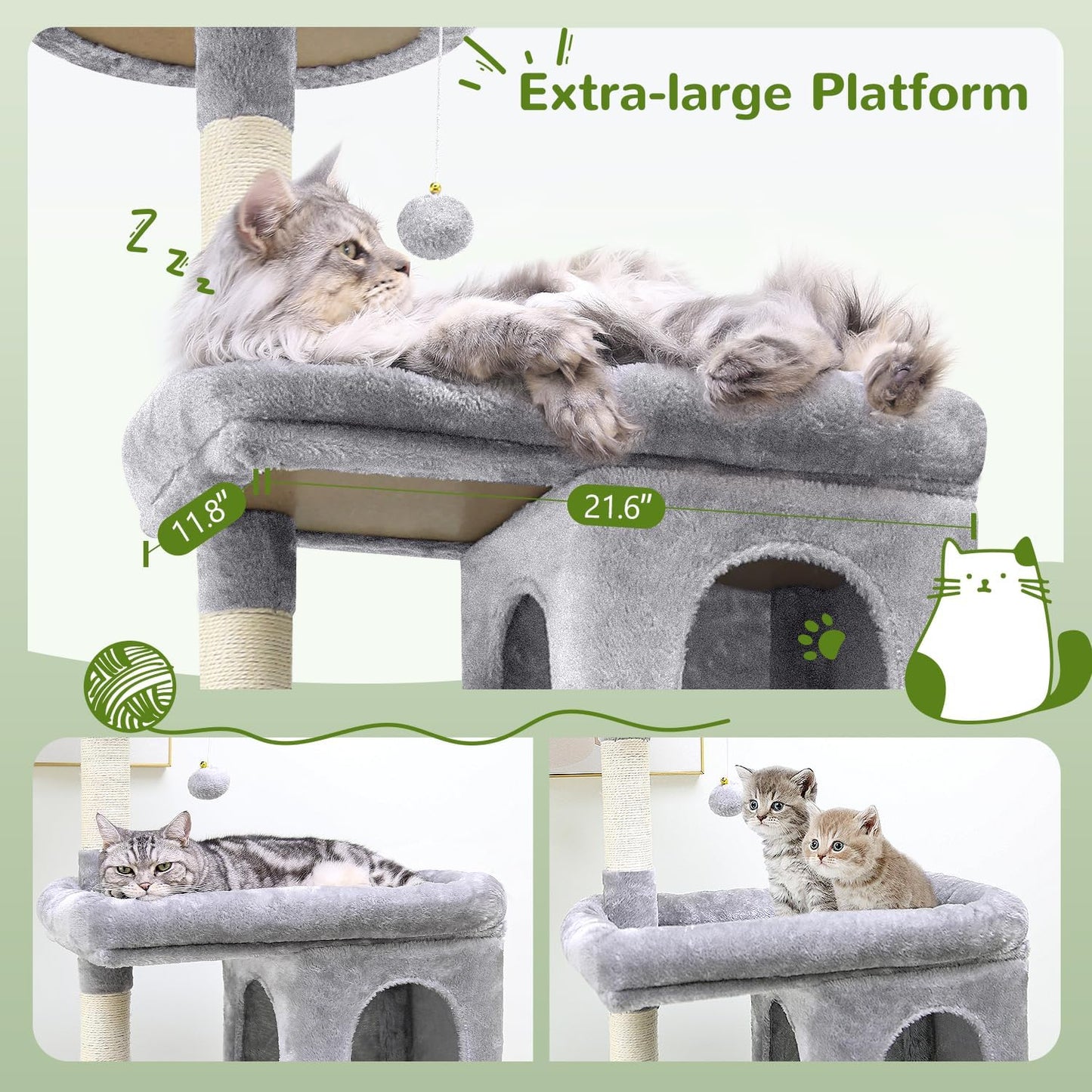 Globlazer Heavy Duty Cat Trees for Large Cats, Sturdy 72in Maine Coon Cat Tree for Large Cats 20 lbs+ Heavy Duty Cat Tower for Adult Biggest Cat with 6 Scratching Posts, Hammock, S72, Light Grey